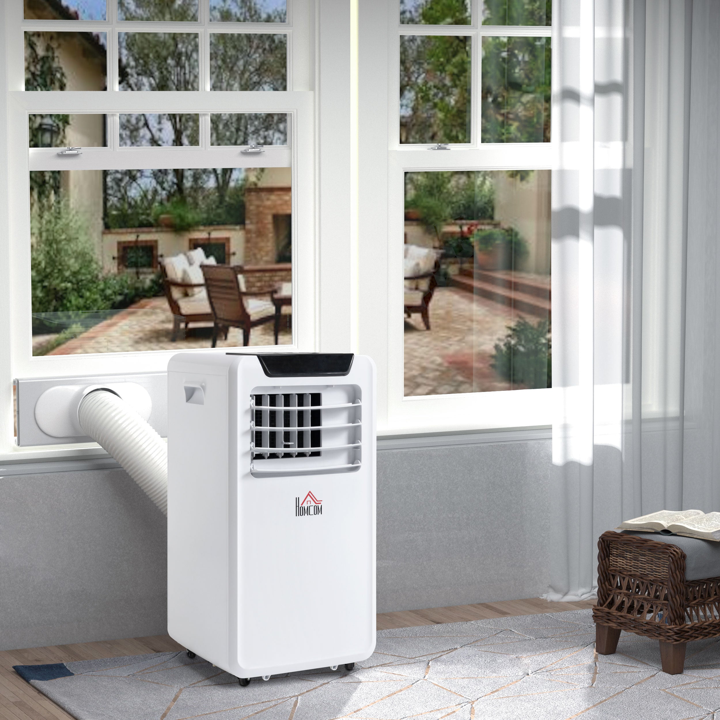 HOMCOM 10000 BTU Air Conditioning Unit, 3-in-1 Portable Air Conditioner, Dehumidifier, Cooling Fan with Remote Control, LED Display, 2 Speeds, 24H Timer, Window Venting Kit, 18m² - North Peak Garden Furniture