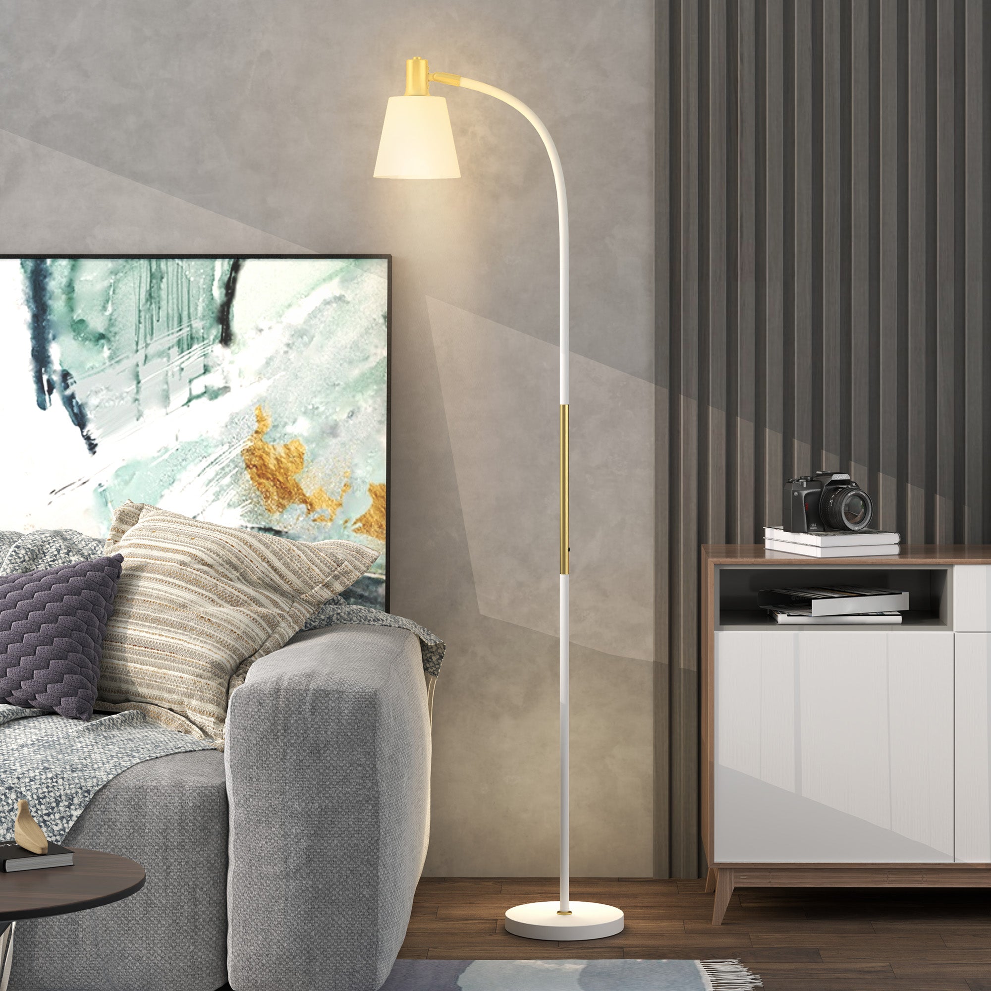 HOMCOM Floor Lamp for Living Room, Spotlight Reading Standing Lamp with Adjustable Height, Rocker on/off Switch, Indoor Task Lighting for Bedroom, Office, White (Bulb not Included) - North Peak Garden Furniture