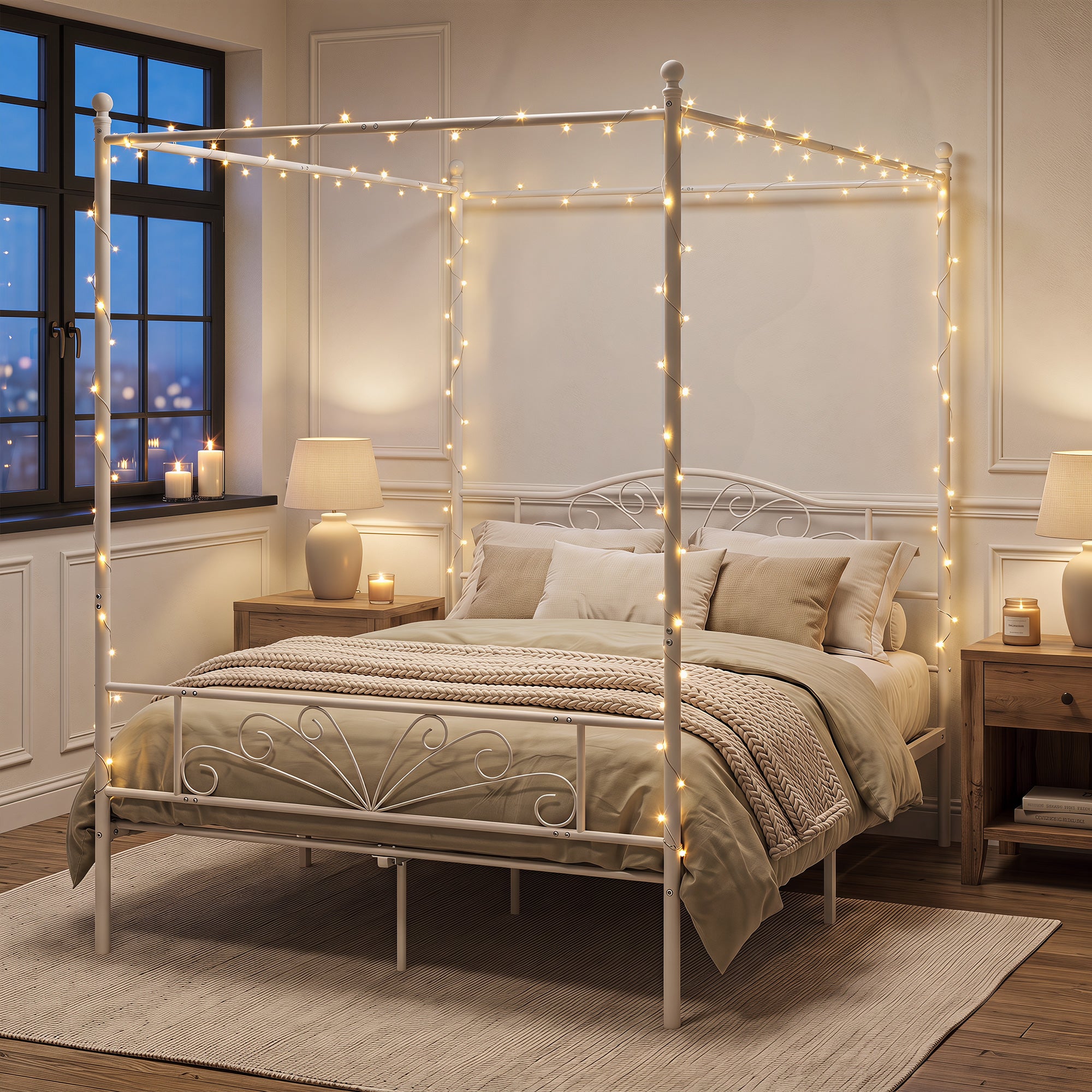 HOMCOM Canopy Bed Frame King Size, Metal Platform Bed Frame with Headboard and Footboard, Underbed Storage, White