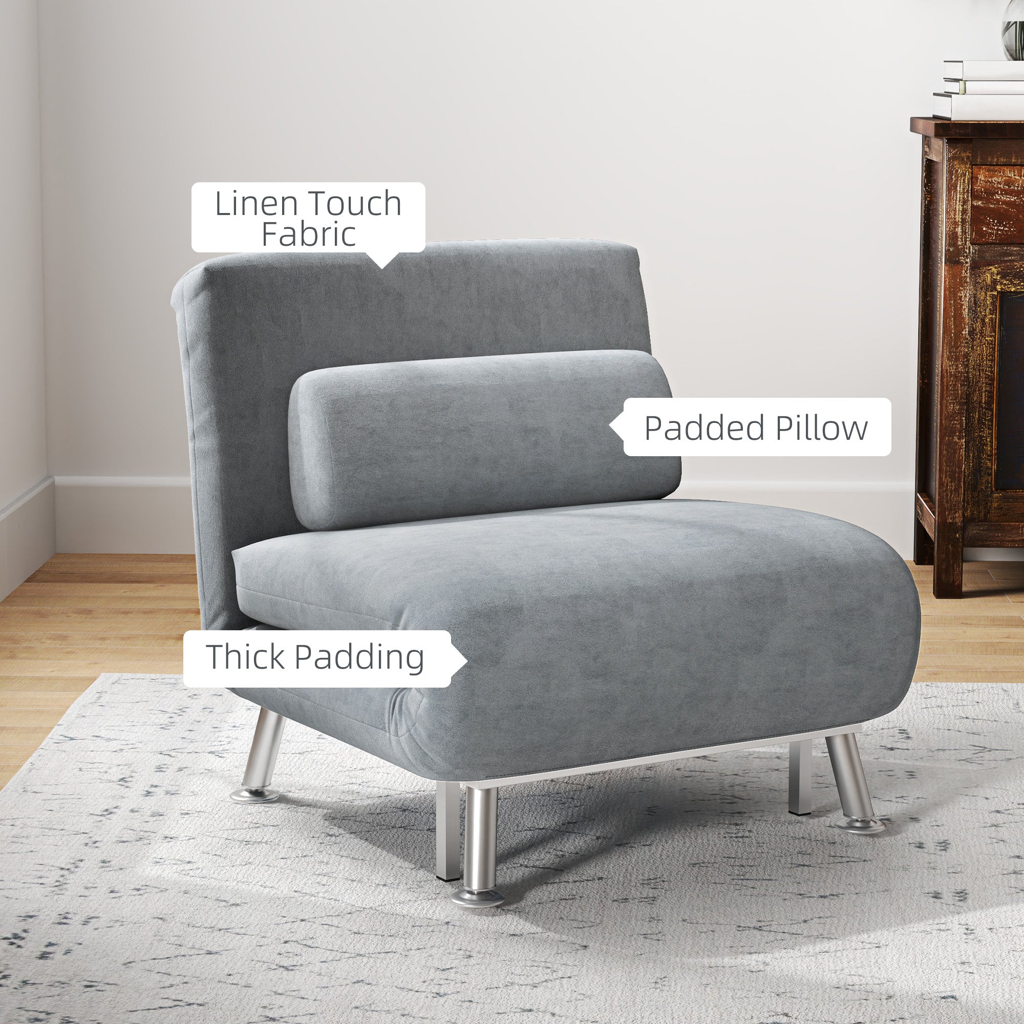 HOMCOM Single Velvet-Feel Sleeper Chair - Grey - North Peak Garden Furniture