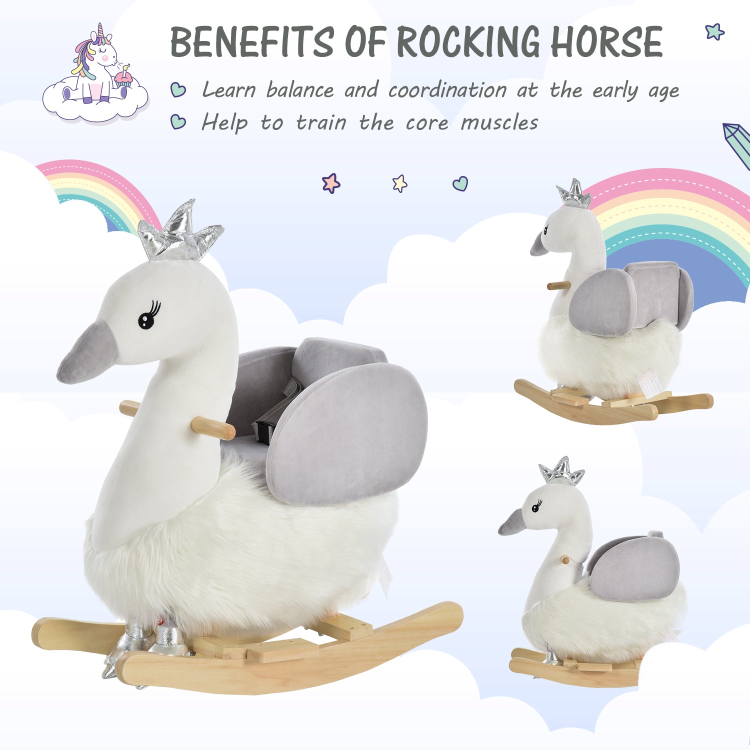 HOMCOM Kids Children Rocking Horse Plush Ride On Swan w/ Sound Wood Base Seat Safety Belt Toddler Baby Toy Rocker 18 - 36 Months