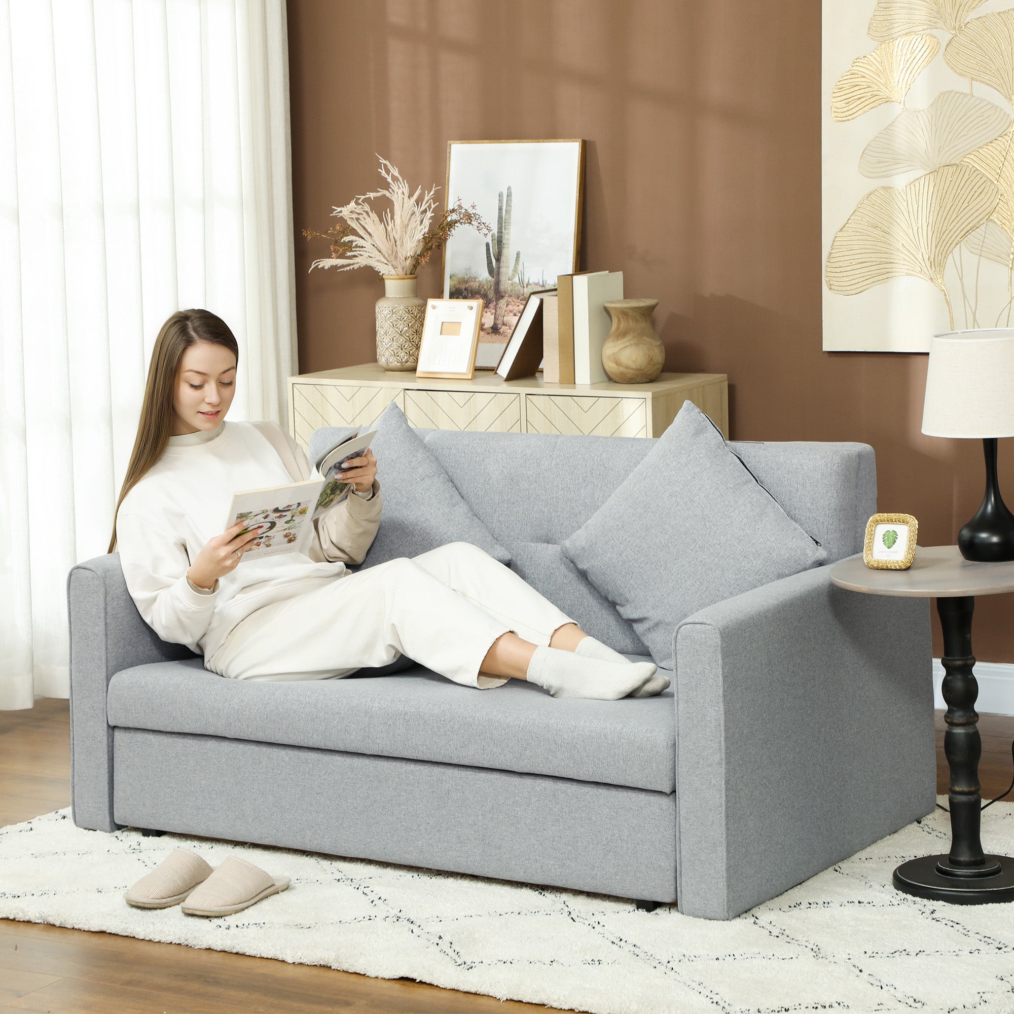 HOMCOM 2 Seater Sofa Bed, Convertible Bed Settee, Modern Fabric Loveseat Sofa Couch with 2 Cushions, Hidden Storage for Living Room, Guest Room, Light Grey - North Peak Garden Furniture