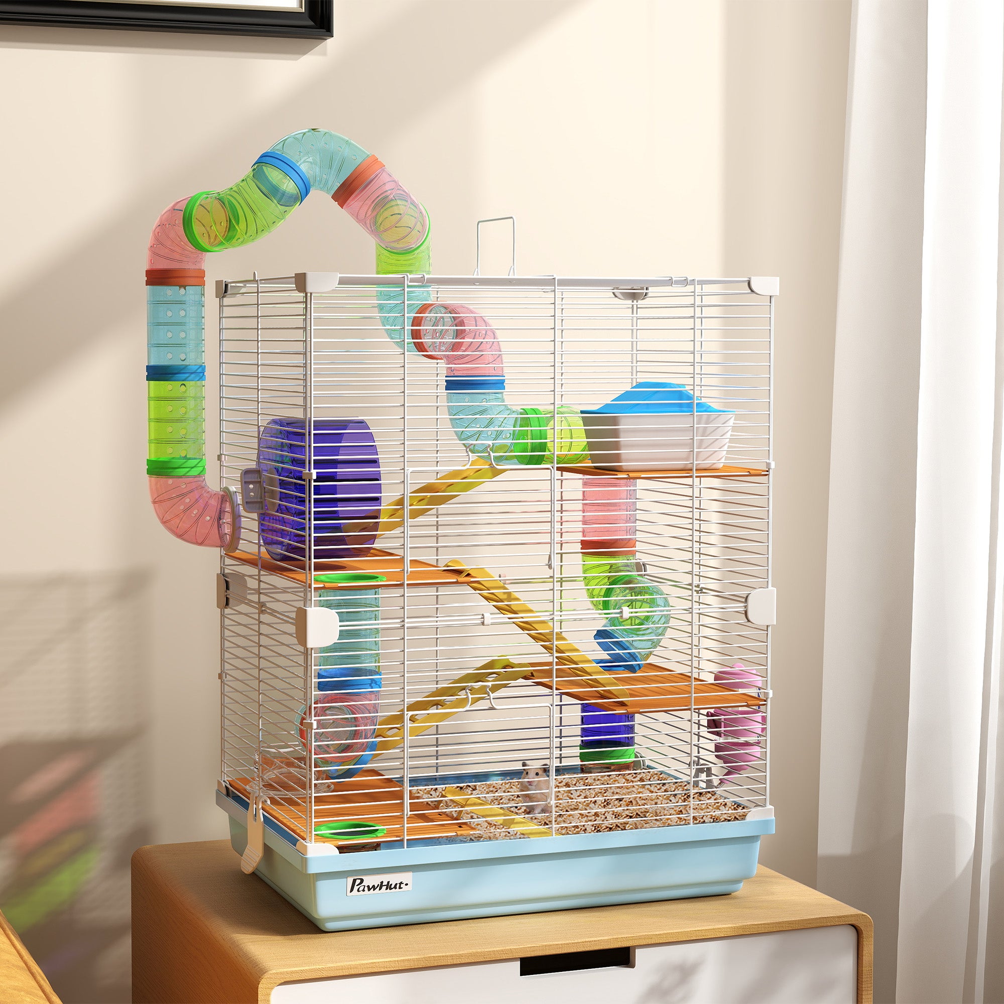 PawHut 5 Tier Hamster Cage Carrier Habitat w/ Exercise Wheels, Tunnel, Light Blue - North Peak Garden Furniture