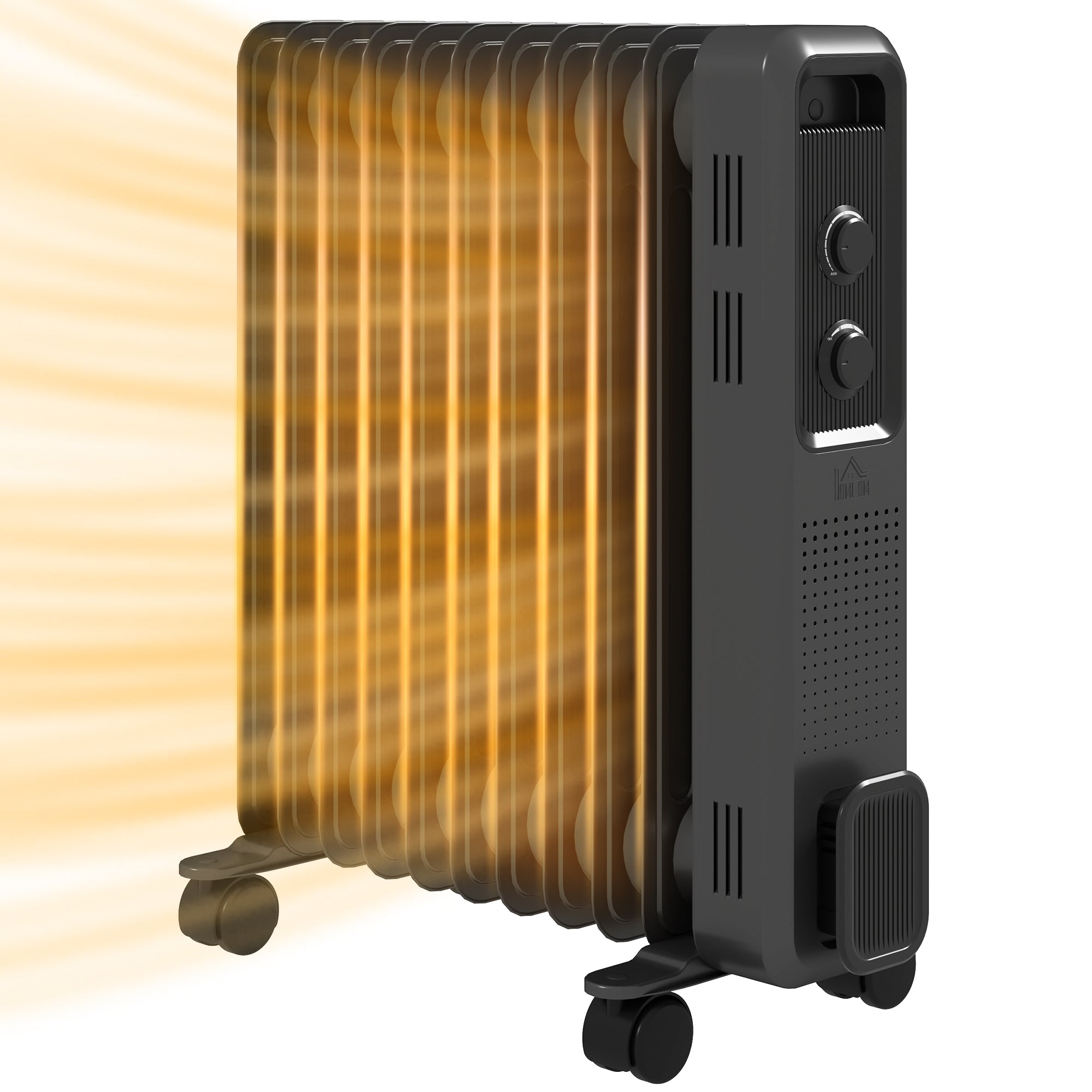 HOMCOM 2500W Oil Filled Radiator, 11 Fin, Portable Electric Heater with 3 Heat Settings, Safety Cut-Off and Wheels, Grey - North Peak Garden Furniture
