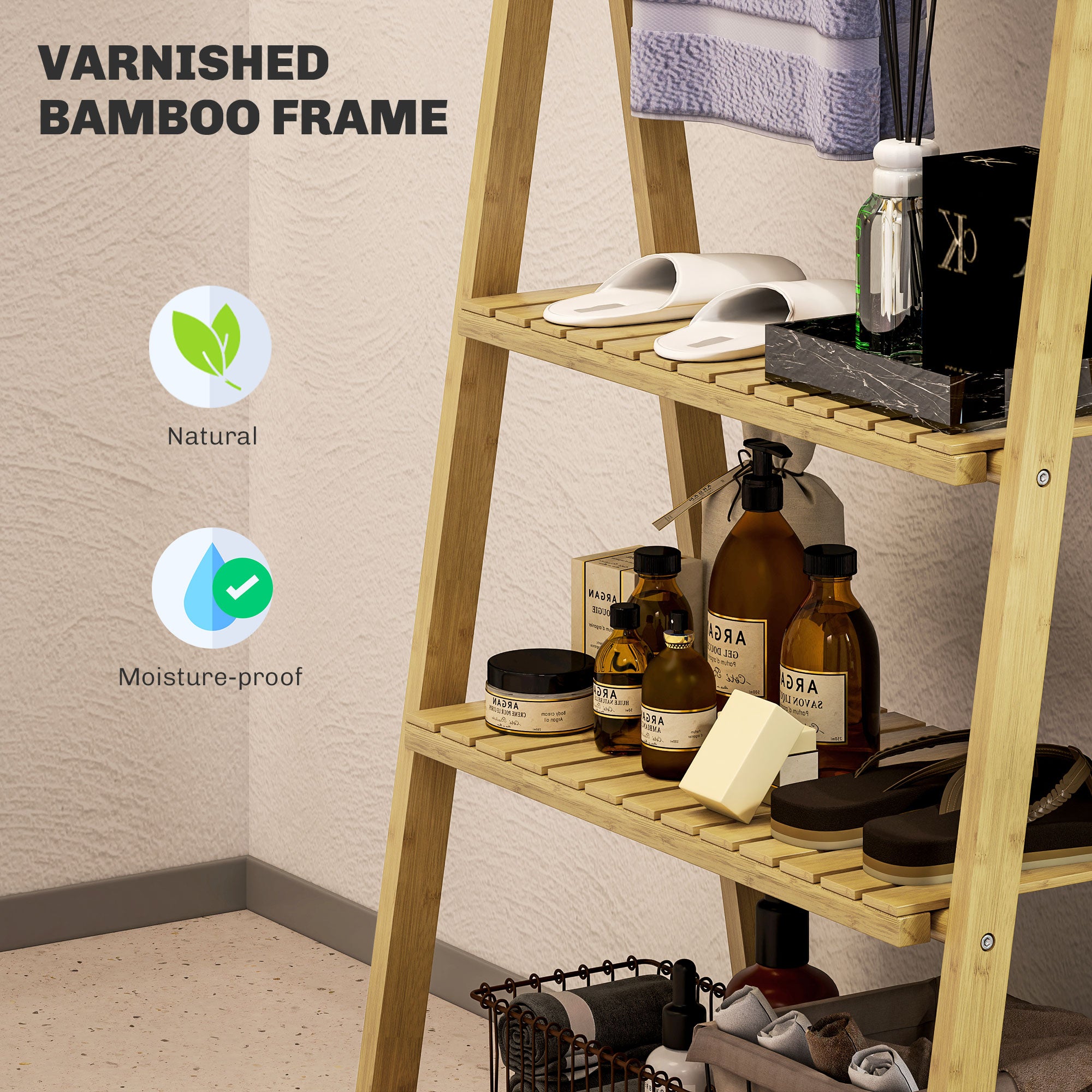 HOMCOM Three-Shelf Bamboo Storage Unit, with Towel Racks - Natural Finish - North Peak Garden Furniture