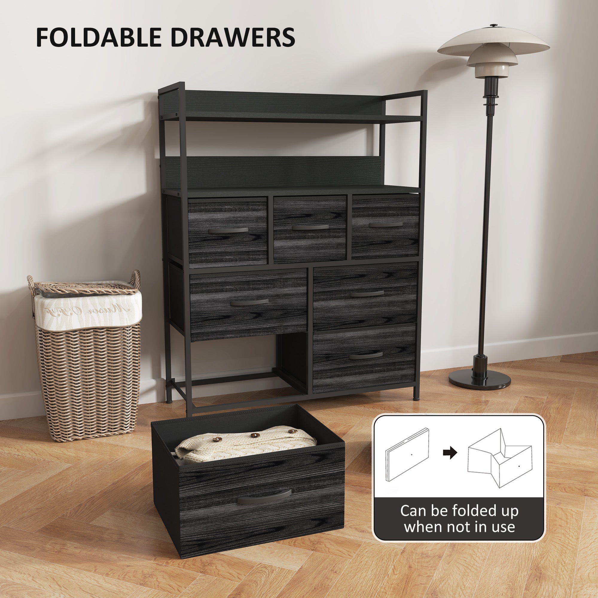 HOMCOM Rustic Chest of Seven Fabric Drawers - Black - North Peak Garden Furniture