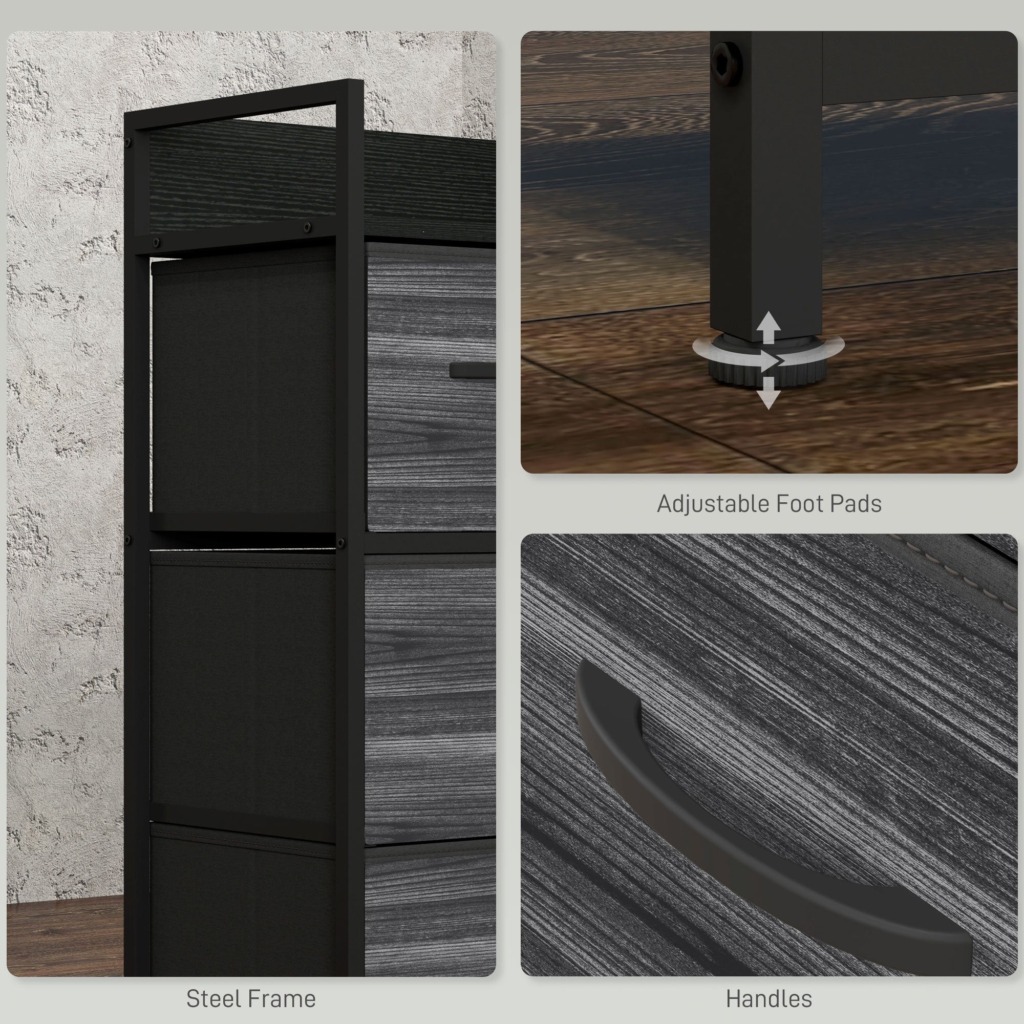 HOMCOM Rustic Chest of Four Fabric Drawers - Black - North Peak Garden Furniture
