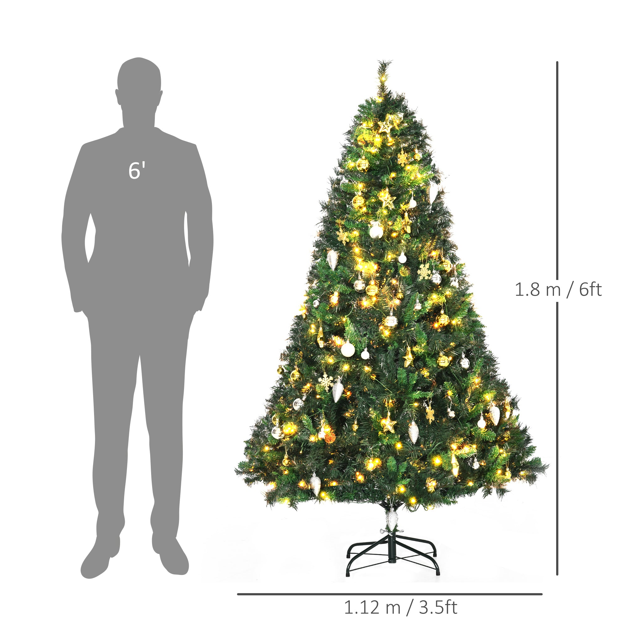 HOMCOM 1.8m 6ft Pre-Lit Artificial Christmas Tree 200 LED Xmas Tree Holiday Décor with Decorative Balls Ornament Metal Stand - North Peak Garden Furniture