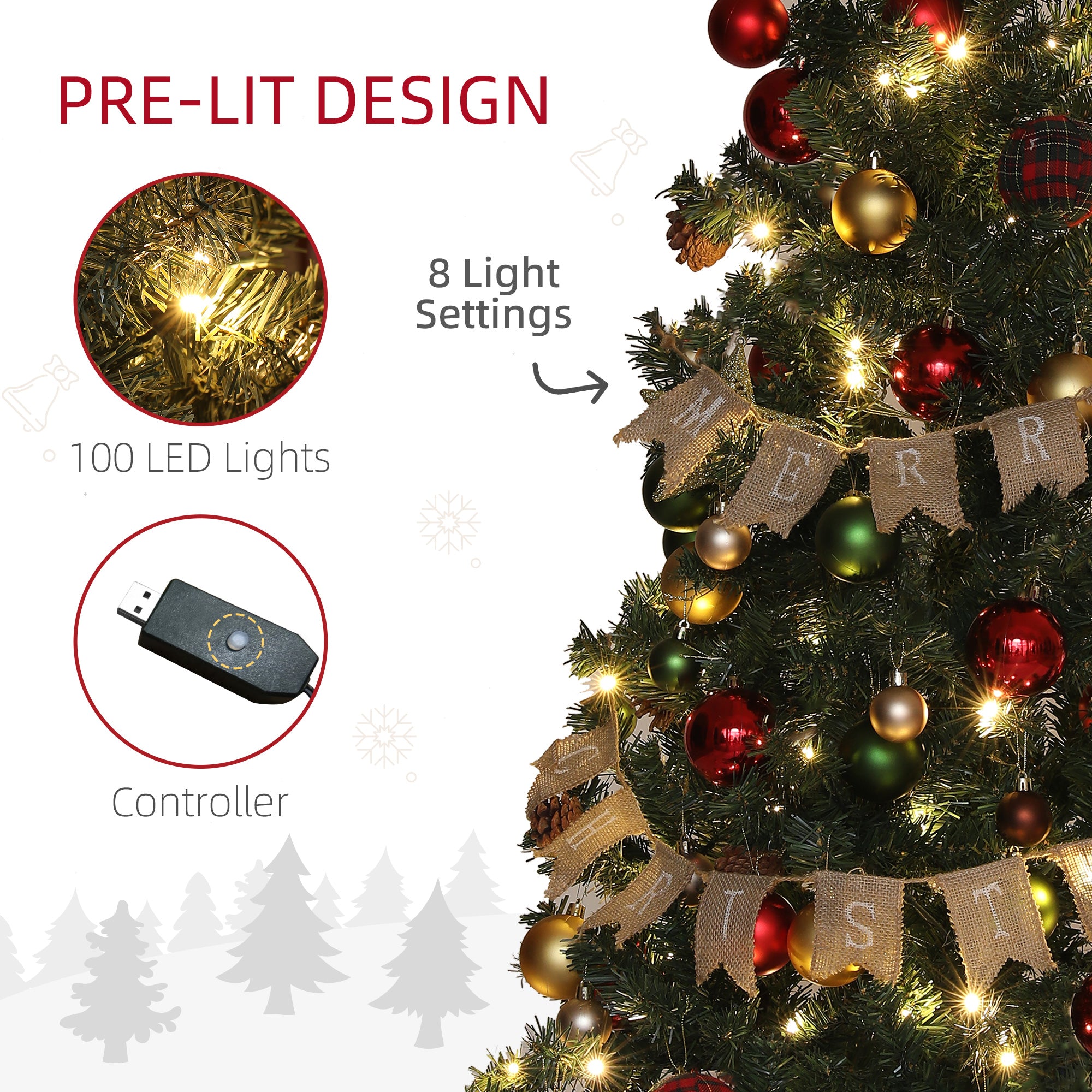 HOMCOM 5ft Pre-Lit and Xmas Tree with Decorations - North Peak Garden Furniture