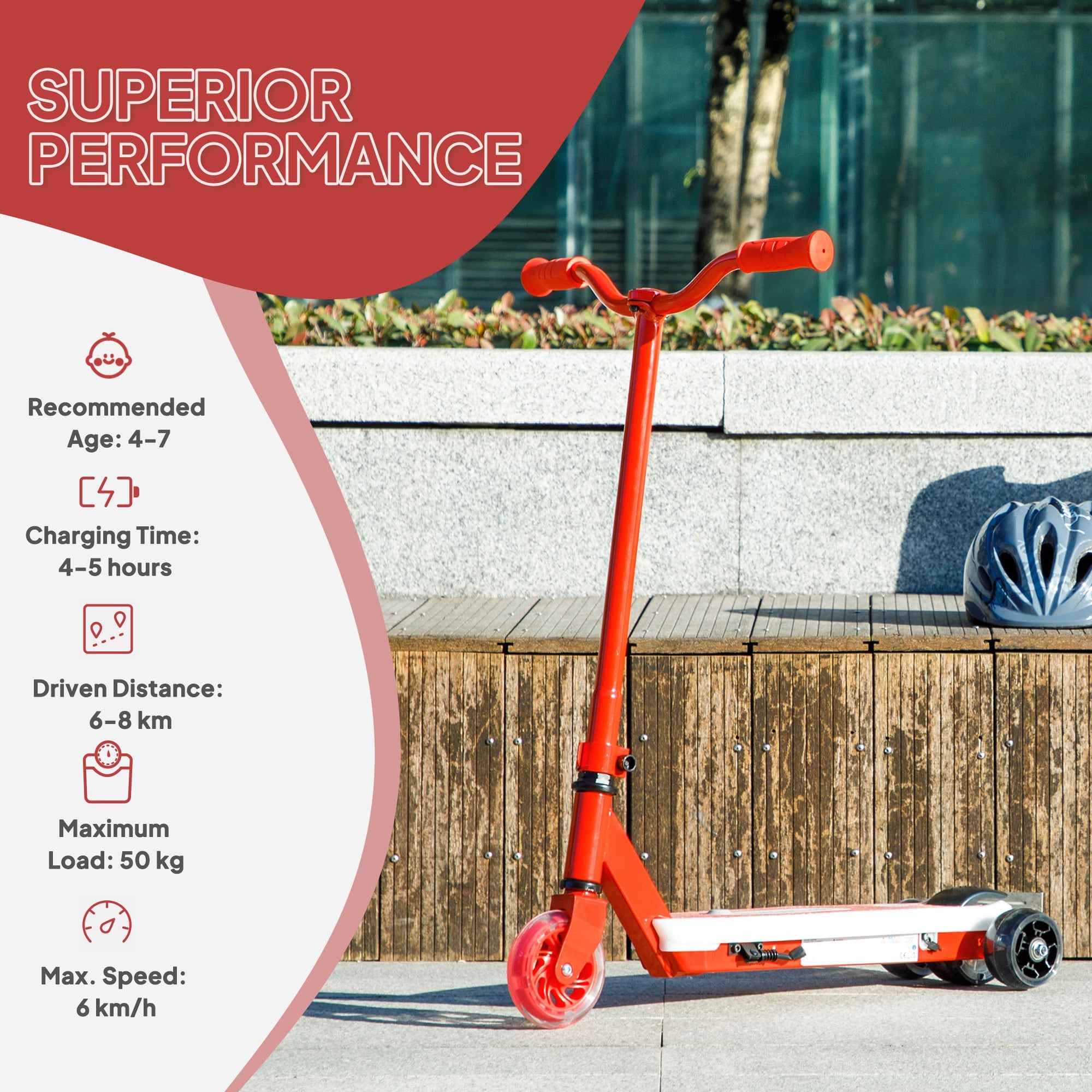 AIYAPLAY Electric Scooter for Kids Ages 4-7, with Auxiliary Rear Wheels, Flashing LED Light and Electric Brake, Kids Electric Scooter for Boys Girls, 6 KM/H & 8 KM, Red - North Peak Garden Furniture