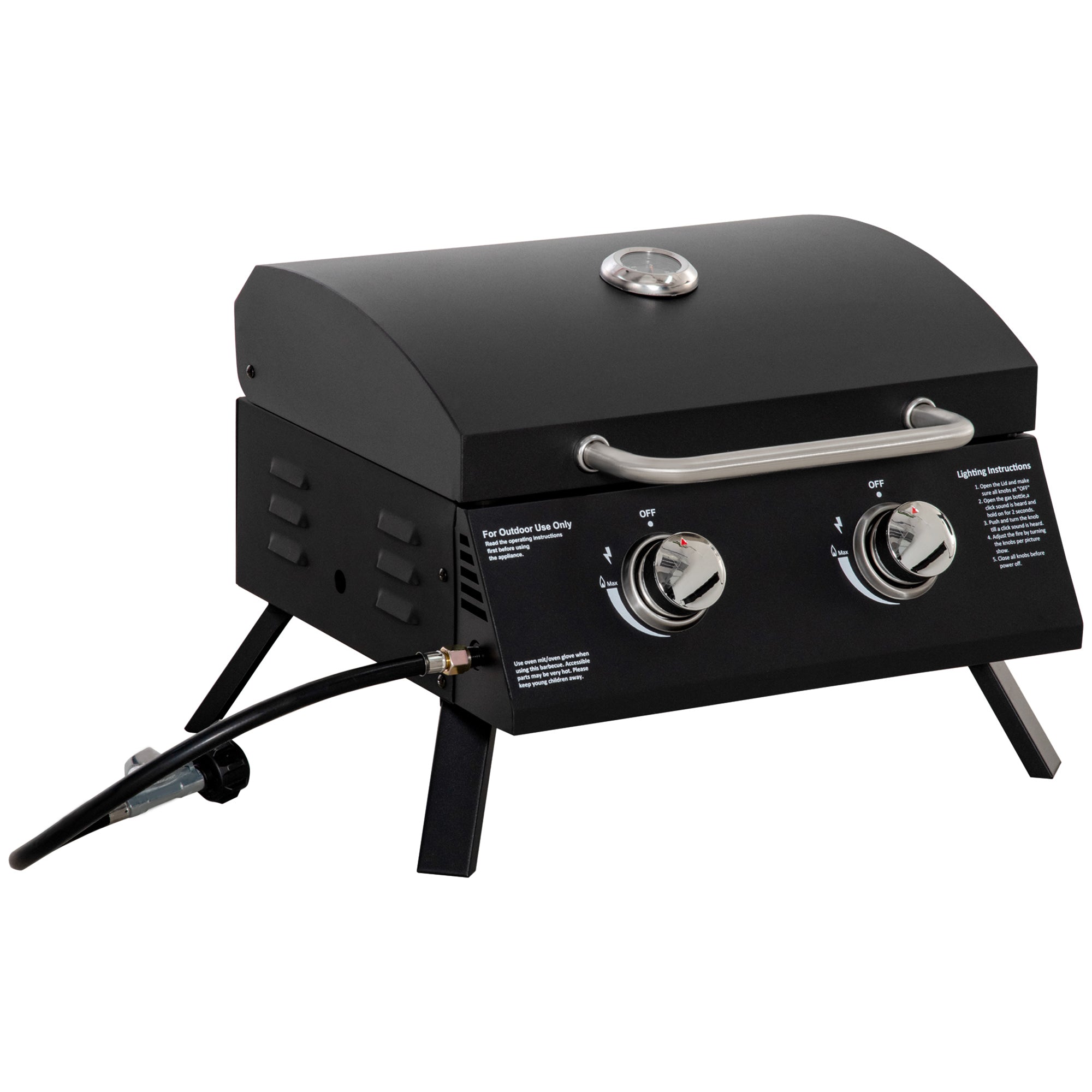 Outsunny 2 Burner Gas BBQ Grill Outdoor Portable Folding Tabletop Barbecue w/ Lid, Thermometer, Carbon Steel, Black - North Peak Garden Furniture