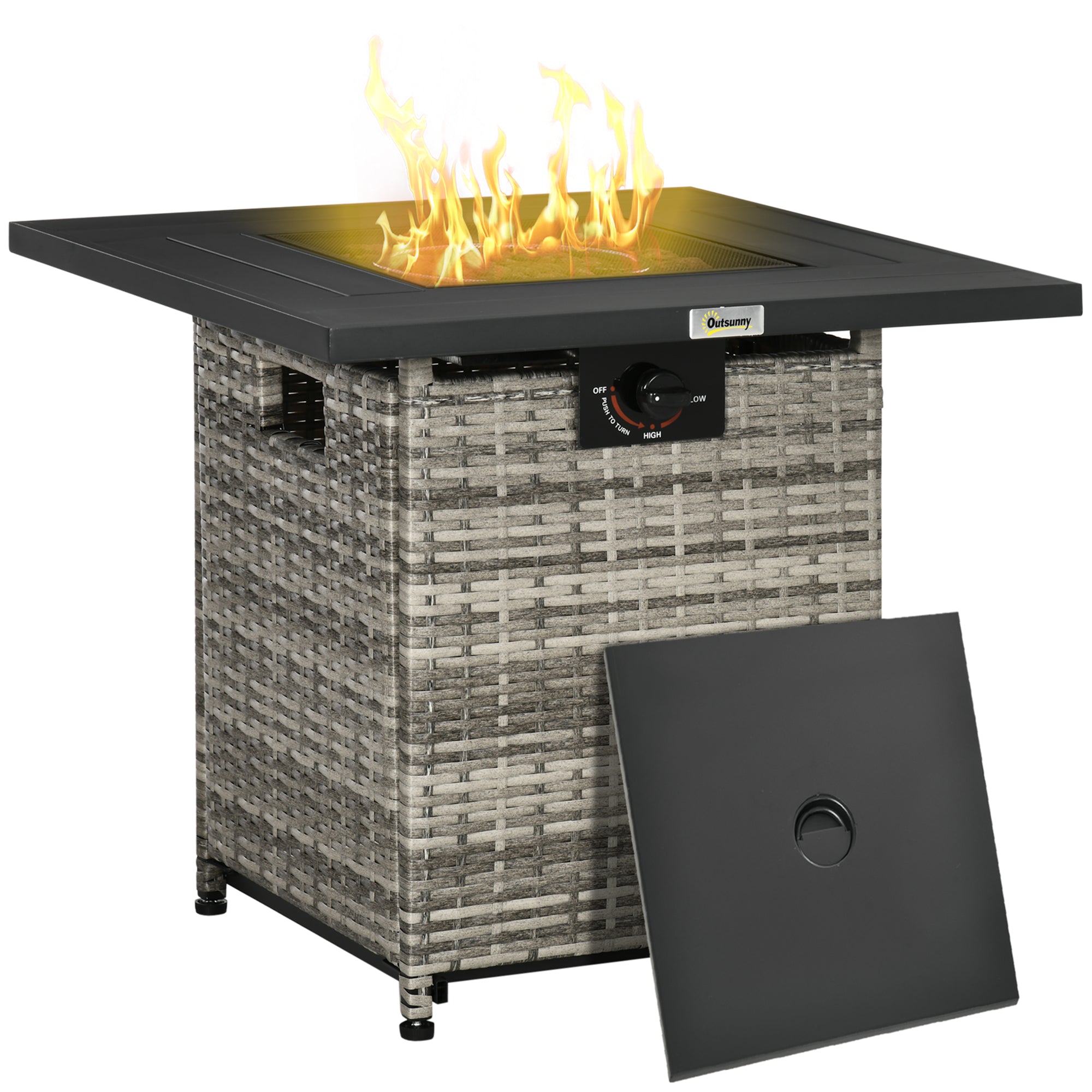 Outsunny Outdoor PE Rattan Gas Fire Pit Table, Patio Square Propane Heater with Rain Cover, Mesh Lid and Lava Stone, 40,000 BTU, Mixed Grey - North Peak Garden Furniture