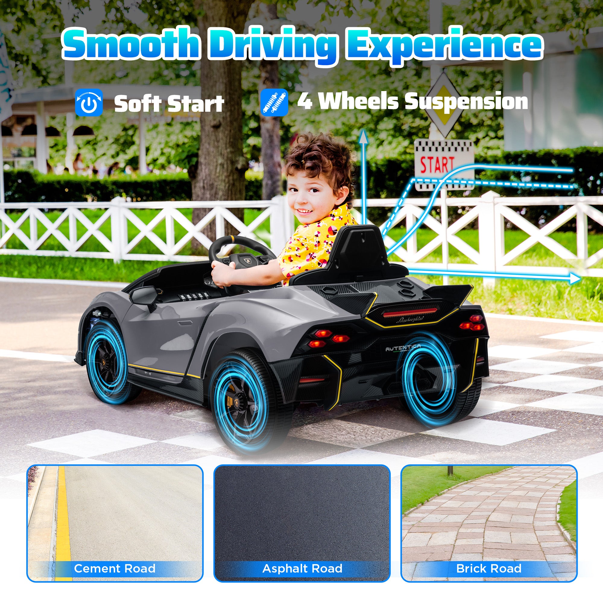AIYAPLAY 12V Lamborghini Autentica Licensed Kids Electric Car with Remote Control, 4 Suspension Wheels, Soft Start, Grey - North Peak Garden Furniture