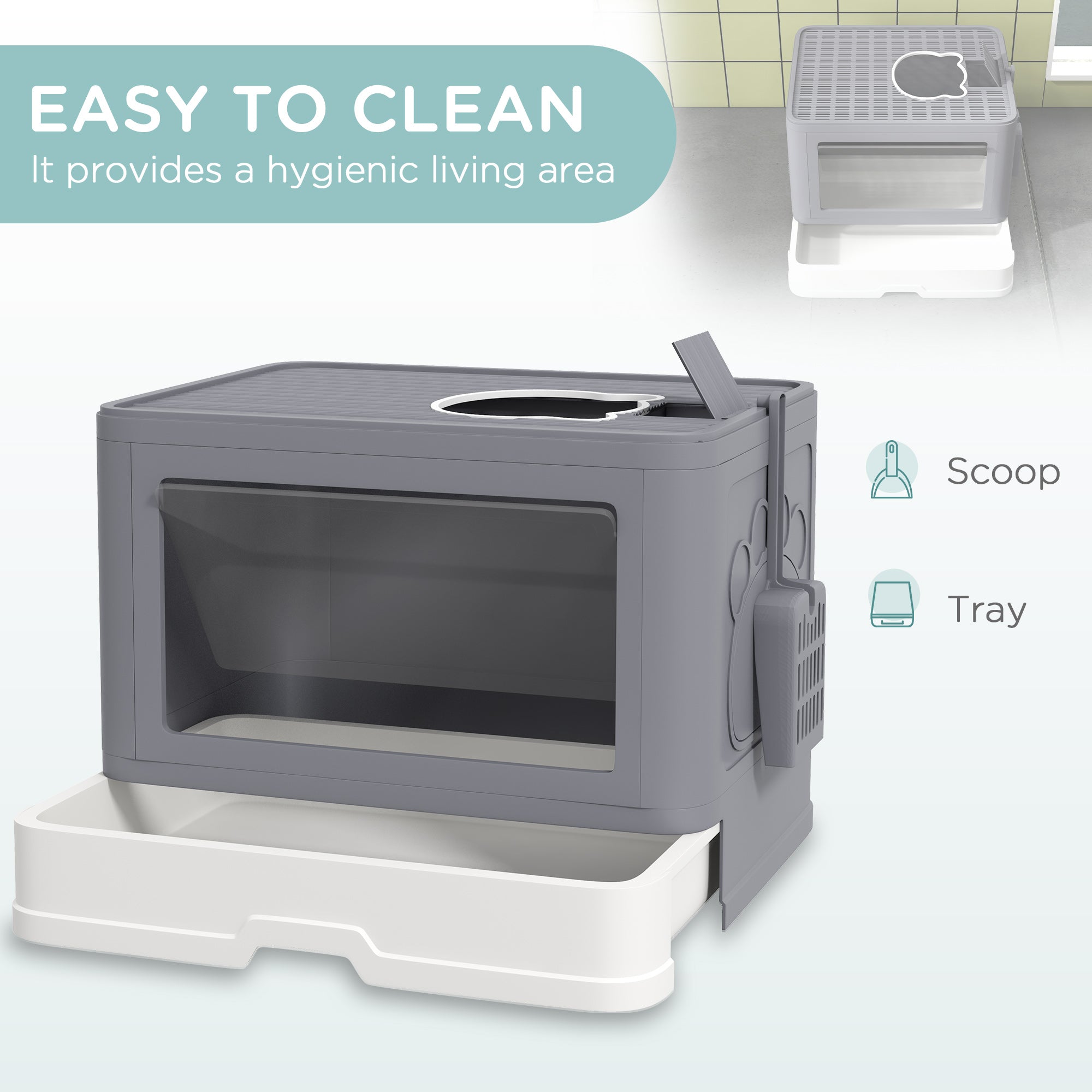 PawHut Enclosed Cat Litter Box with lid, Front Entry, Top Exit, Drawer, Tray, Scoop, Brush, 48.5 x 38 x 36.5cm - Grey - North Peak Garden Furniture