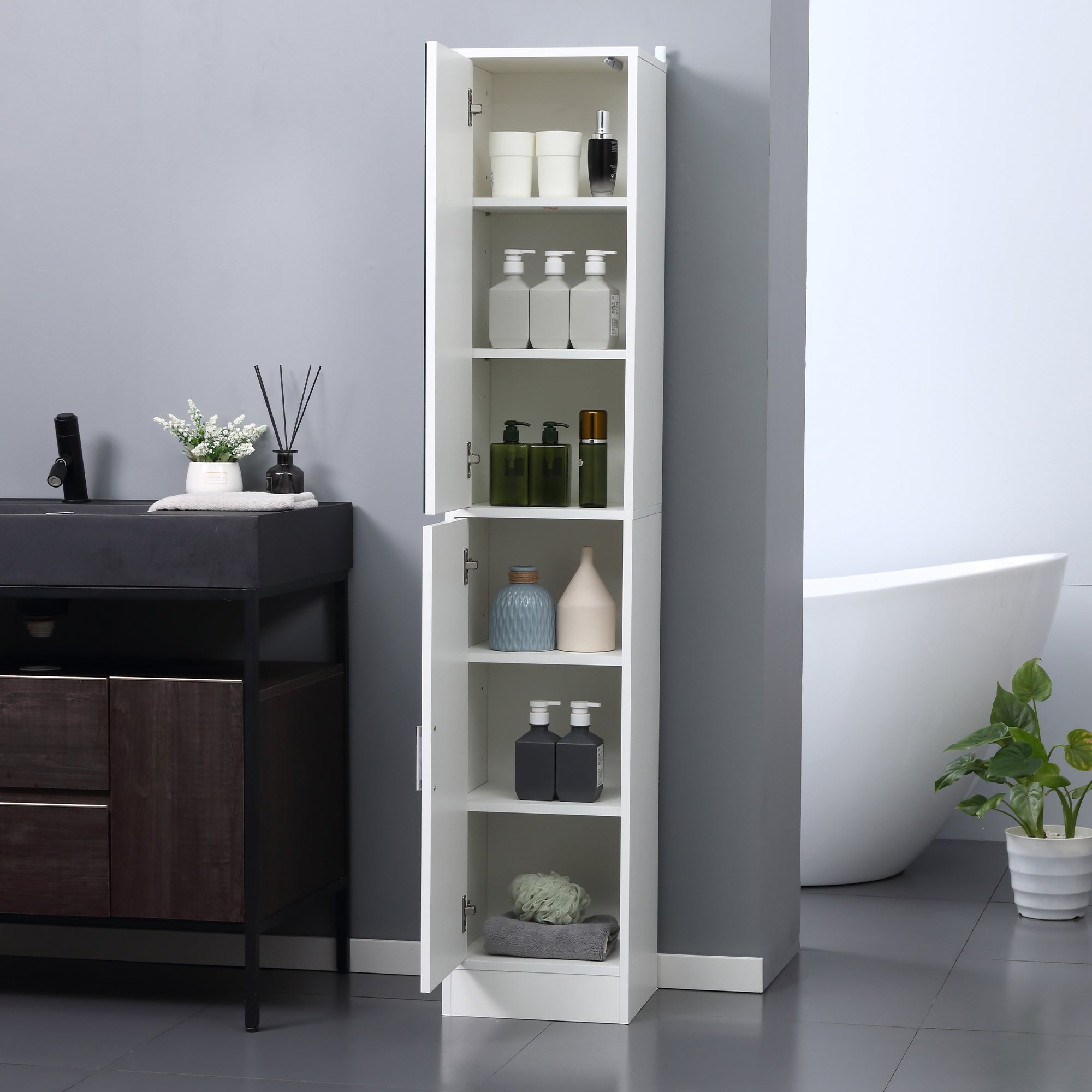 kleankin Tall Mirrored Bathroom Cabinet, Bathroom Storage Cupboard, Floor Standing Tallboy Unit with Adjustable Shelf, White - North Peak Garden Furniture
