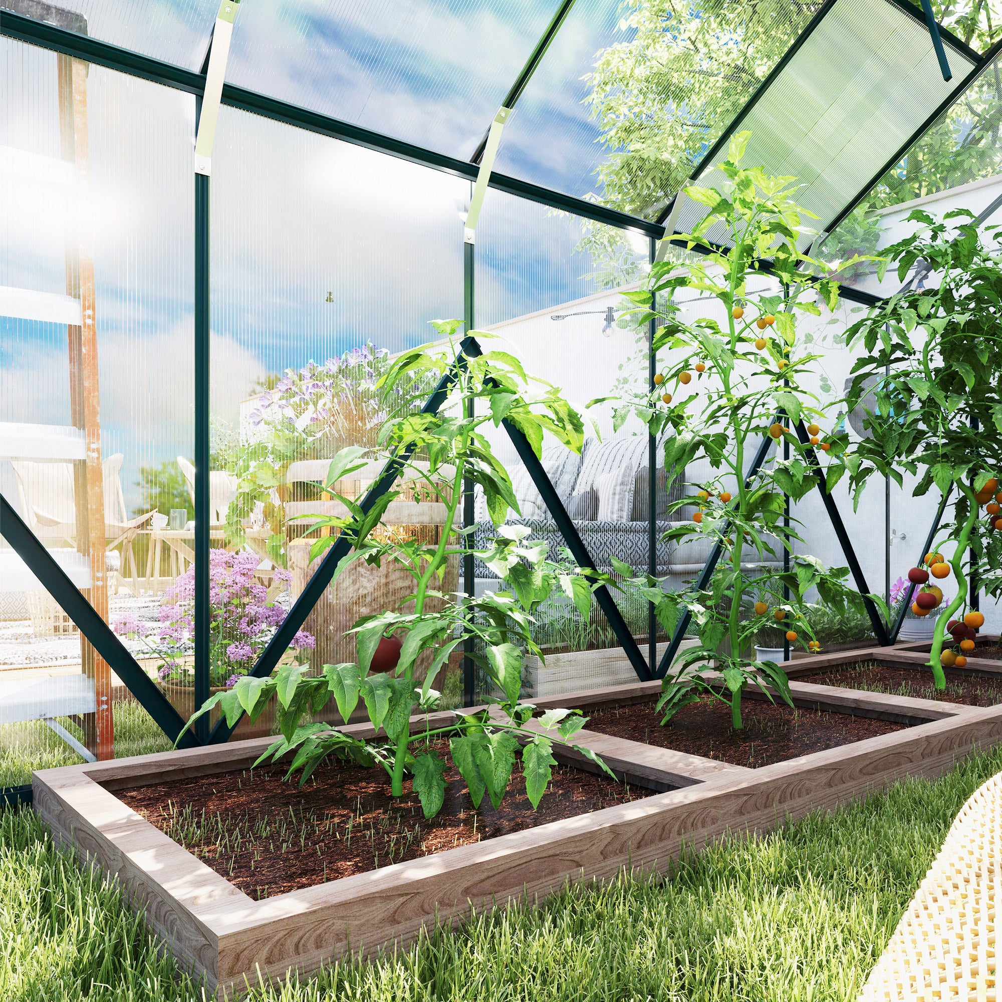 Outsunny 8 x 12ft Aluminium Greenhouse Polycarbonate Walk-in Garden Greenhouse Kit with Adjustable Roof Vent, Double Sliding Door, Rain Gutter and Foundation, Clear - North Peak Garden Furniture