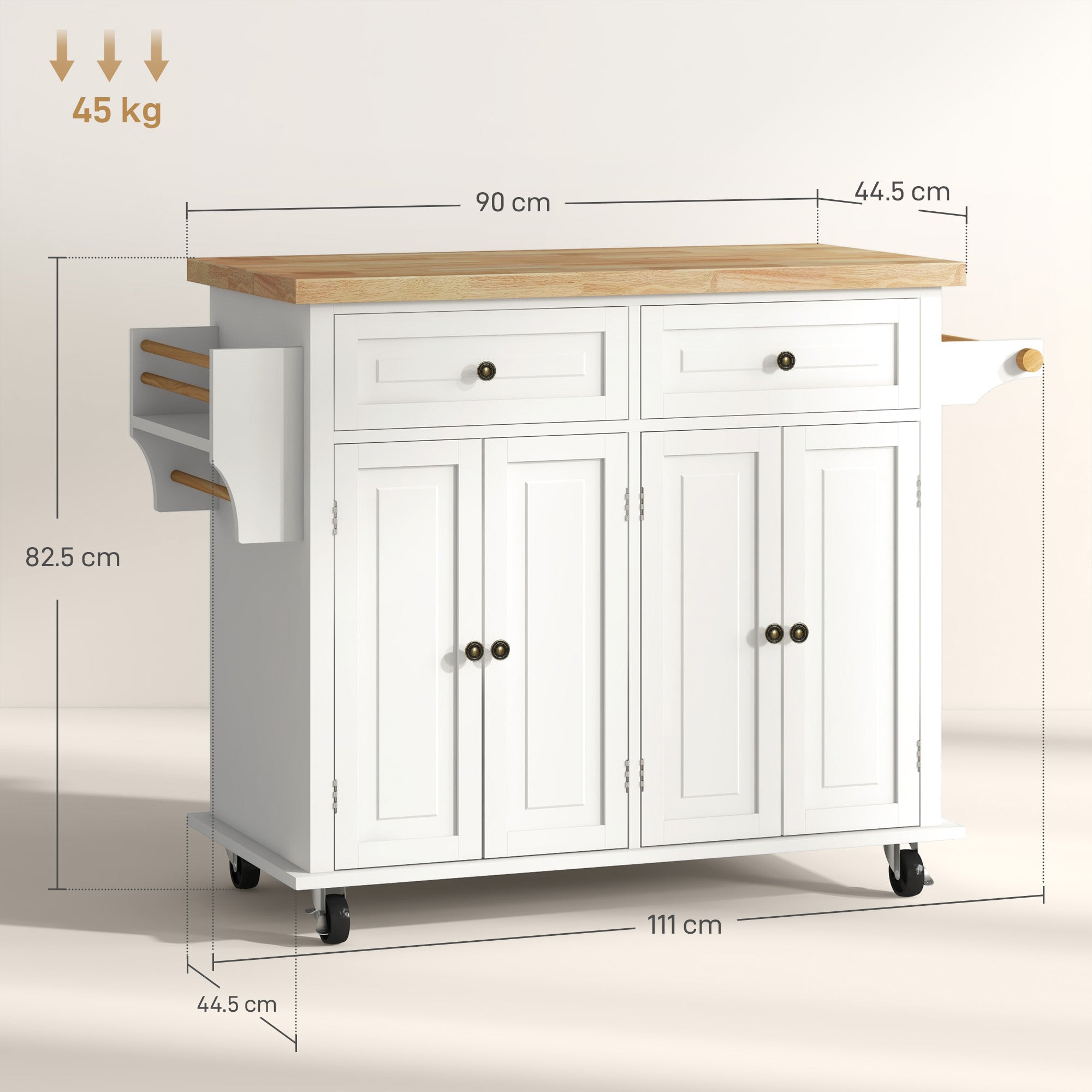 HOMCOM Rolling Kitchen Island Storage Trolley with Rubber Wood Top & Drawers for Dining Room, Cream White - North Peak Garden Furniture