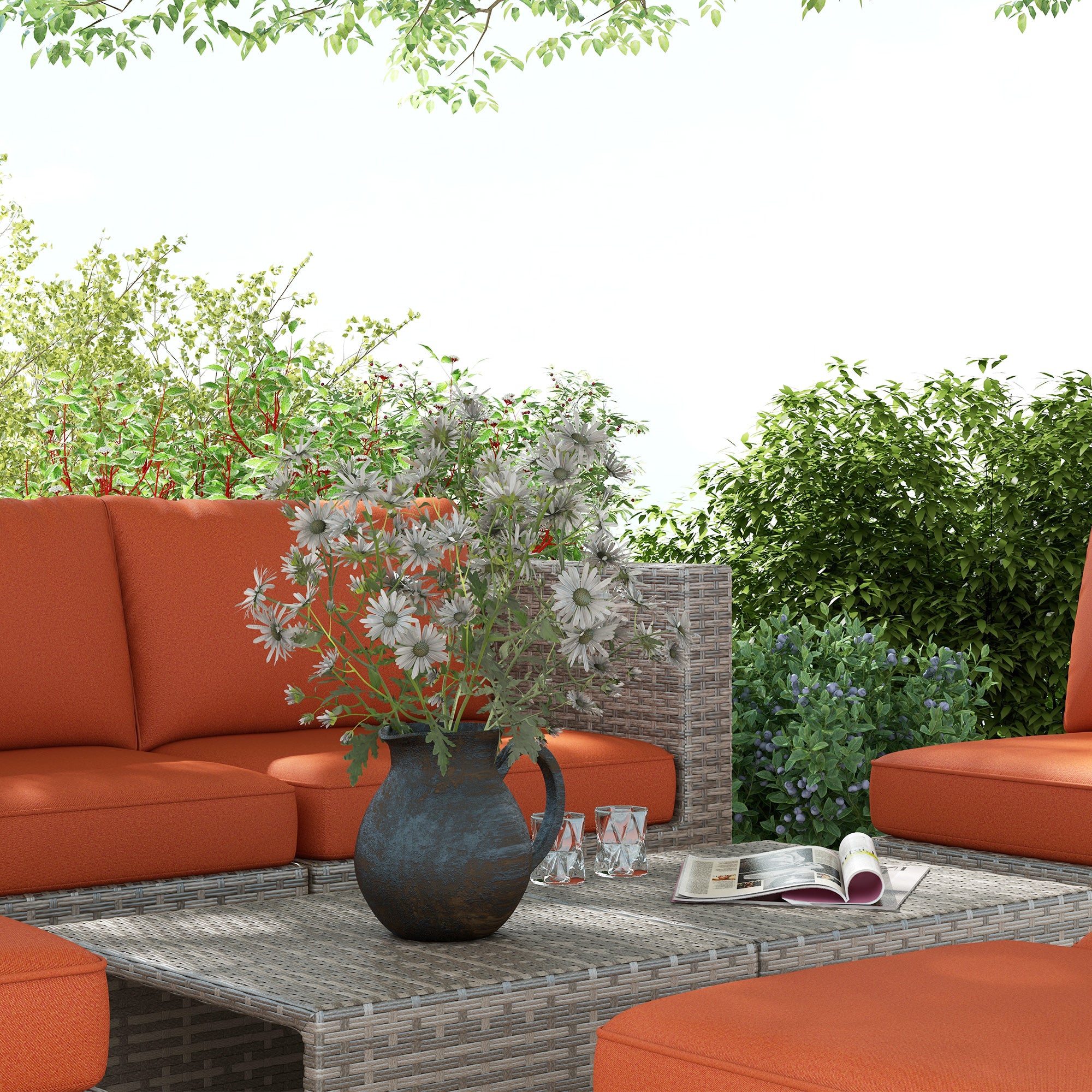 Outsunny Eight-Piece Rattan Garden Set, with Contrast Cushions - Orange/Grey - North Peak Garden Furniture