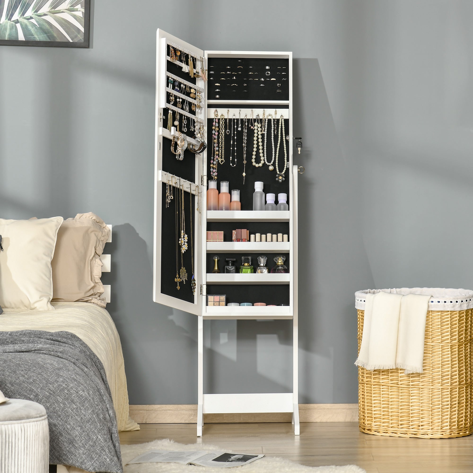 HOMCOM Full Length Mirror with Storage, Jewellery Cabinet with Mirror, Adjustable Angle and Stand, Lockable Jewellery Organiser for Bedroom Dressing Room, White - North Peak Garden Furniture