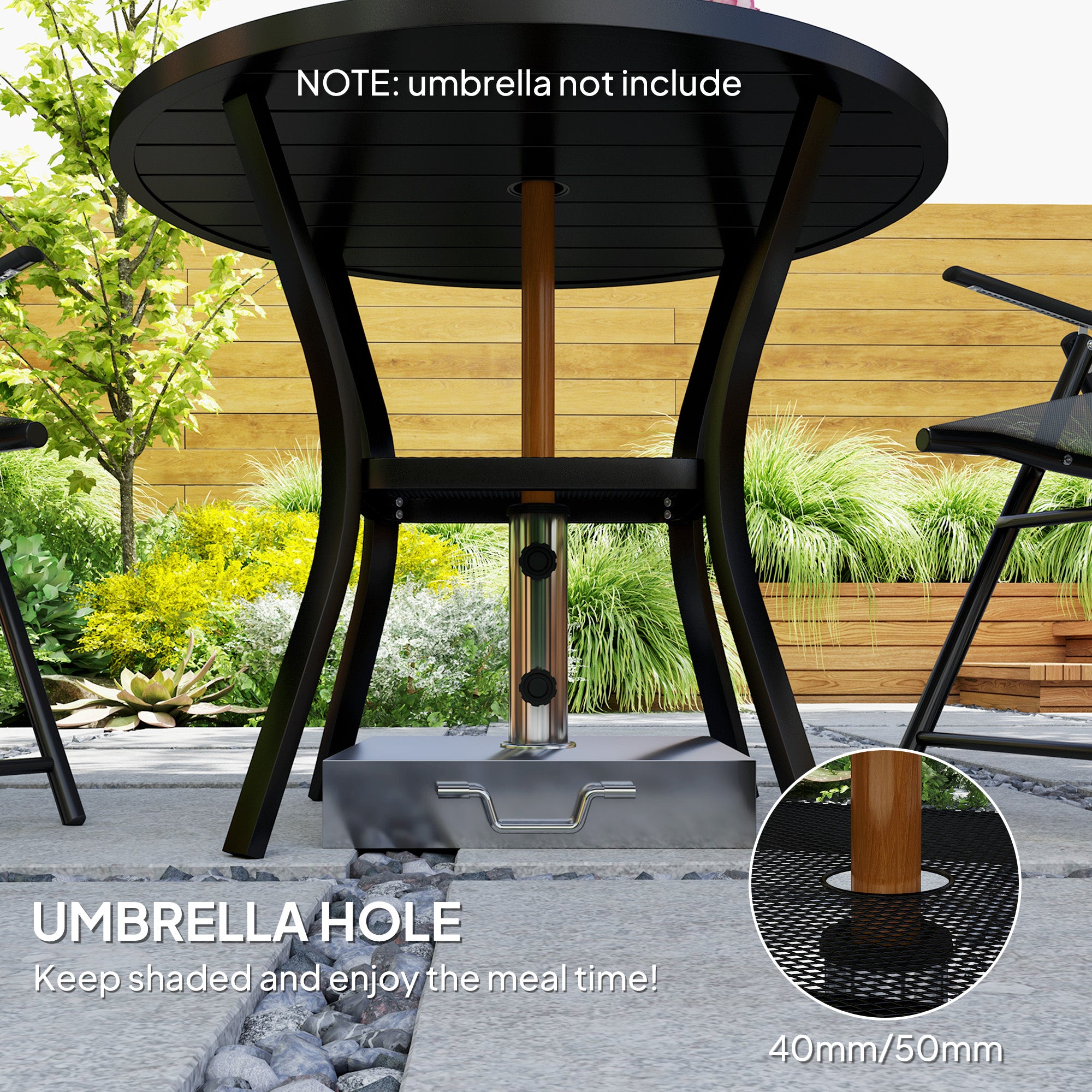 Outsunny 90 cm Garden Dining Table with 4-5 cm Parasol Hole, Round Outdoor Dining Table, Steel Garden Table with Slatted Metal Top and Wire Shelf for Balcony, Porch, Black - North Peak Garden Furniture