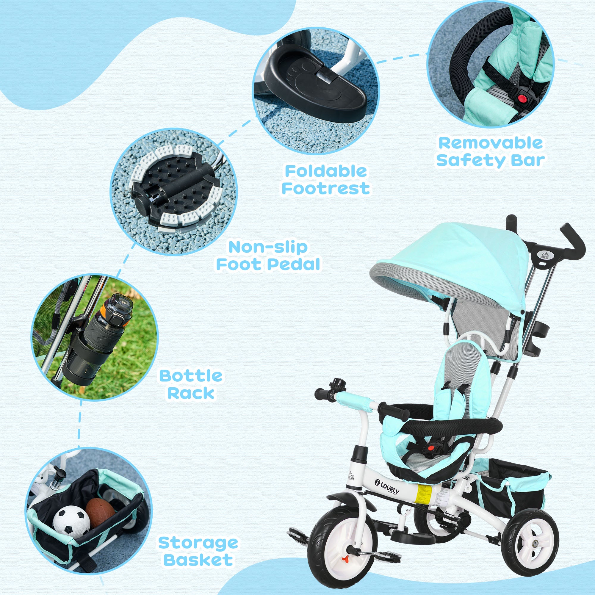 HOMCOM 6 in 1 Kids Trike Push Bike w/ Push Handle, Canopy, 5-point Safety Belt, Storage, Footrest, Brake, for 1-5 Years, Green - North Peak Garden Furniture
