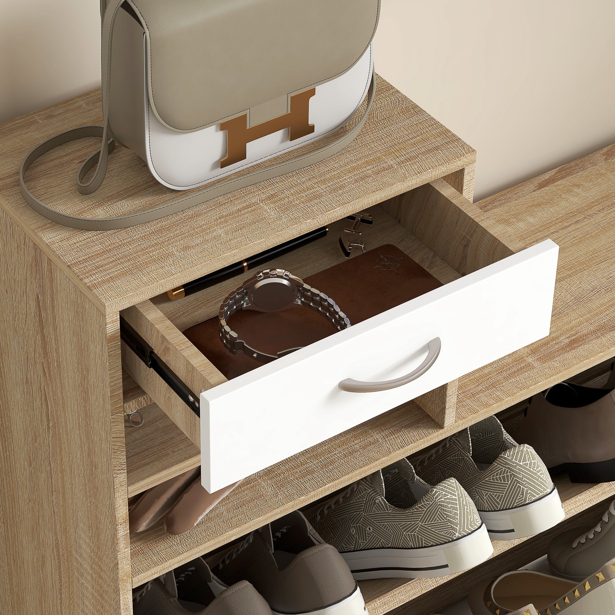 HOMCOM Three-in-One Hallway Storage Set - Natural Wood Finish/White - North Peak Garden Furniture