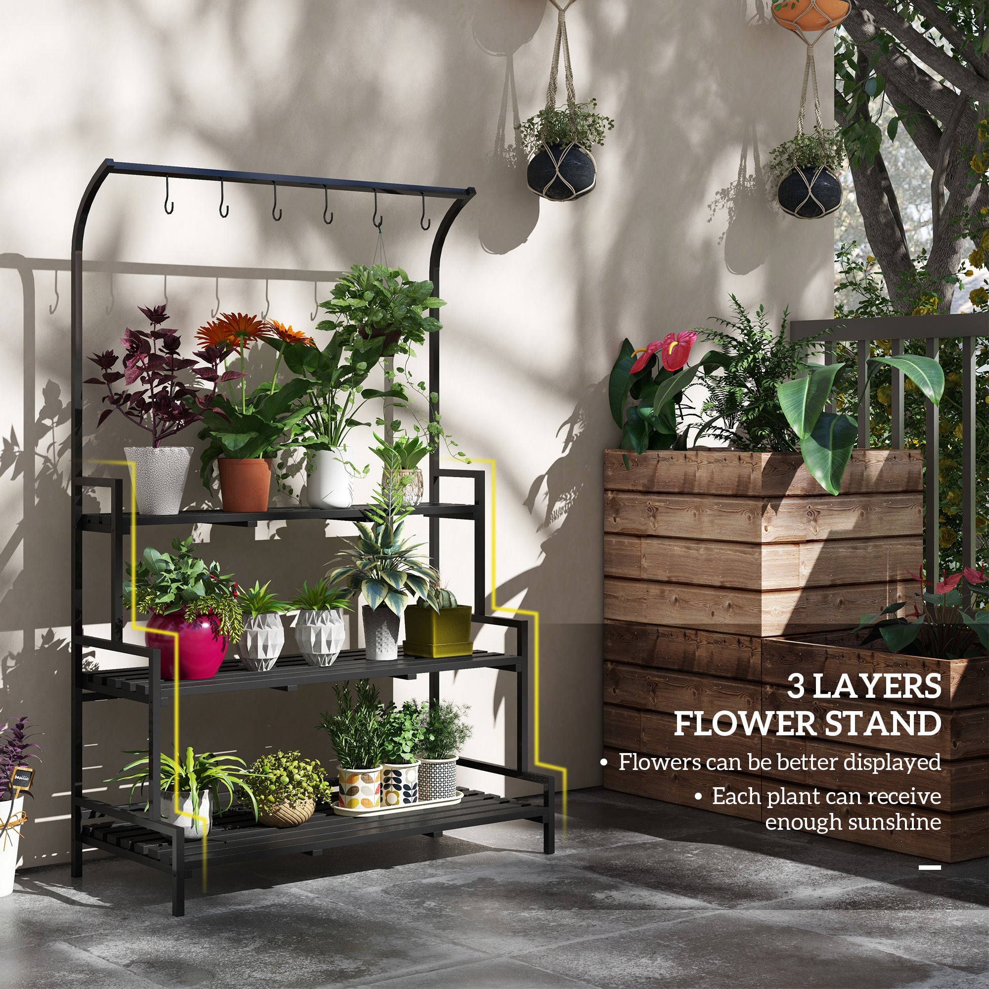 Outsunny 3 Tiered Plant Rack with Hanging Hooks, Tall Plant Stand for Indoor Outdoor Porch Balcony Use, Black - North Peak Garden Furniture