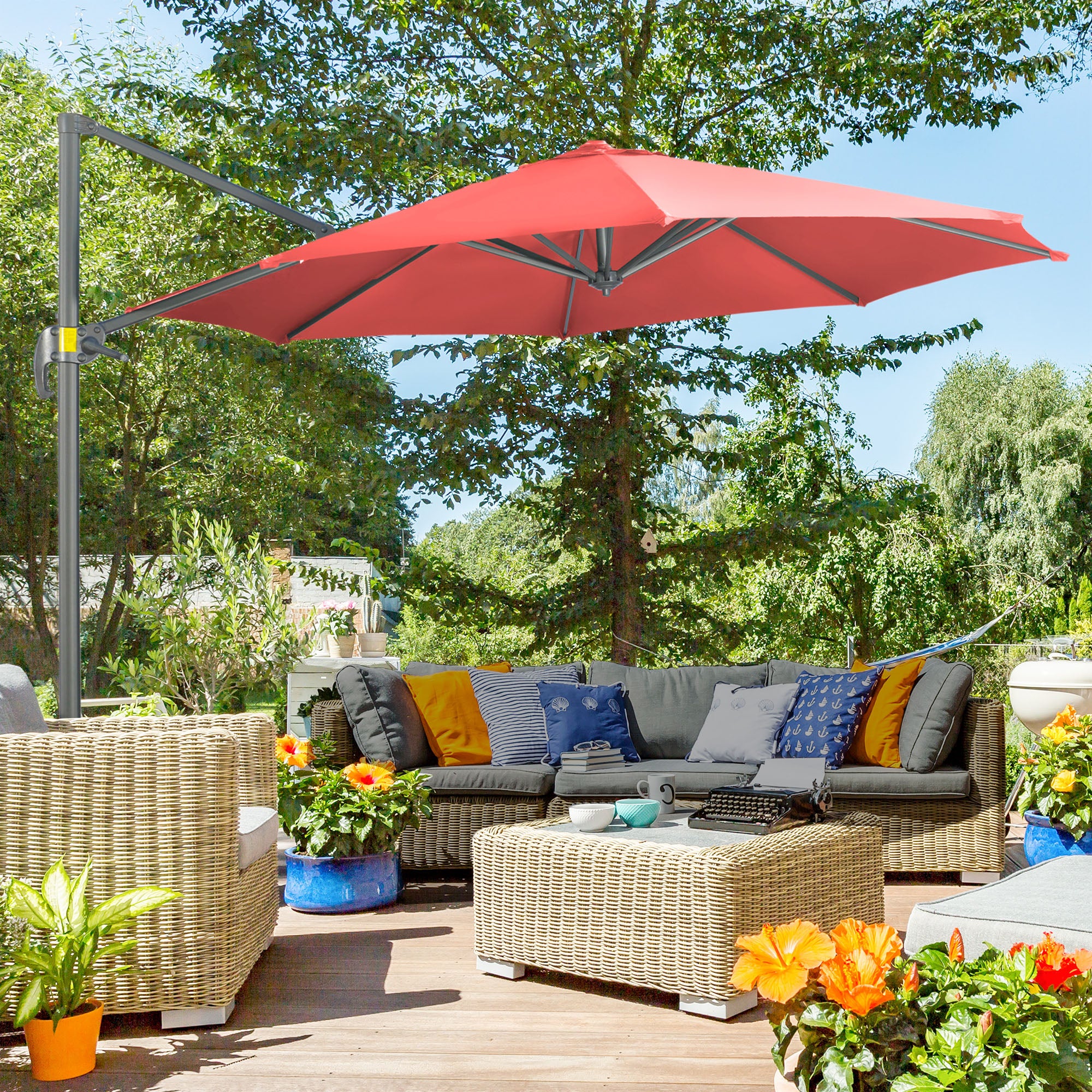 Outsunny 3 x 3(m) Cantilever Parasol with Cross Base Crank Handle - Wine Red - North Peak Garden Furniture