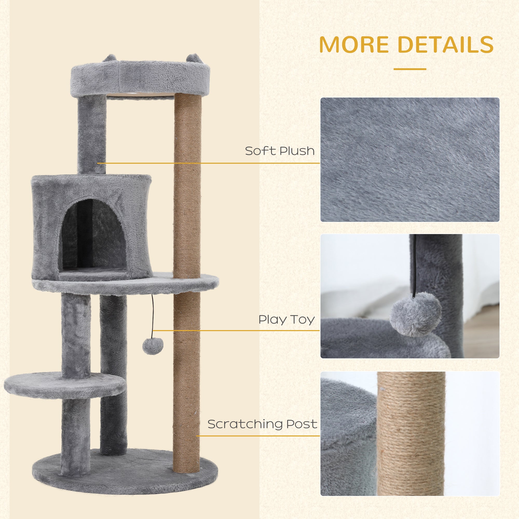 PawHut Deluxe Cat Tree with 3-Tier, Scratching Posts, Play Ball, and Plush Toy for Climbing and Relaxing, Grey