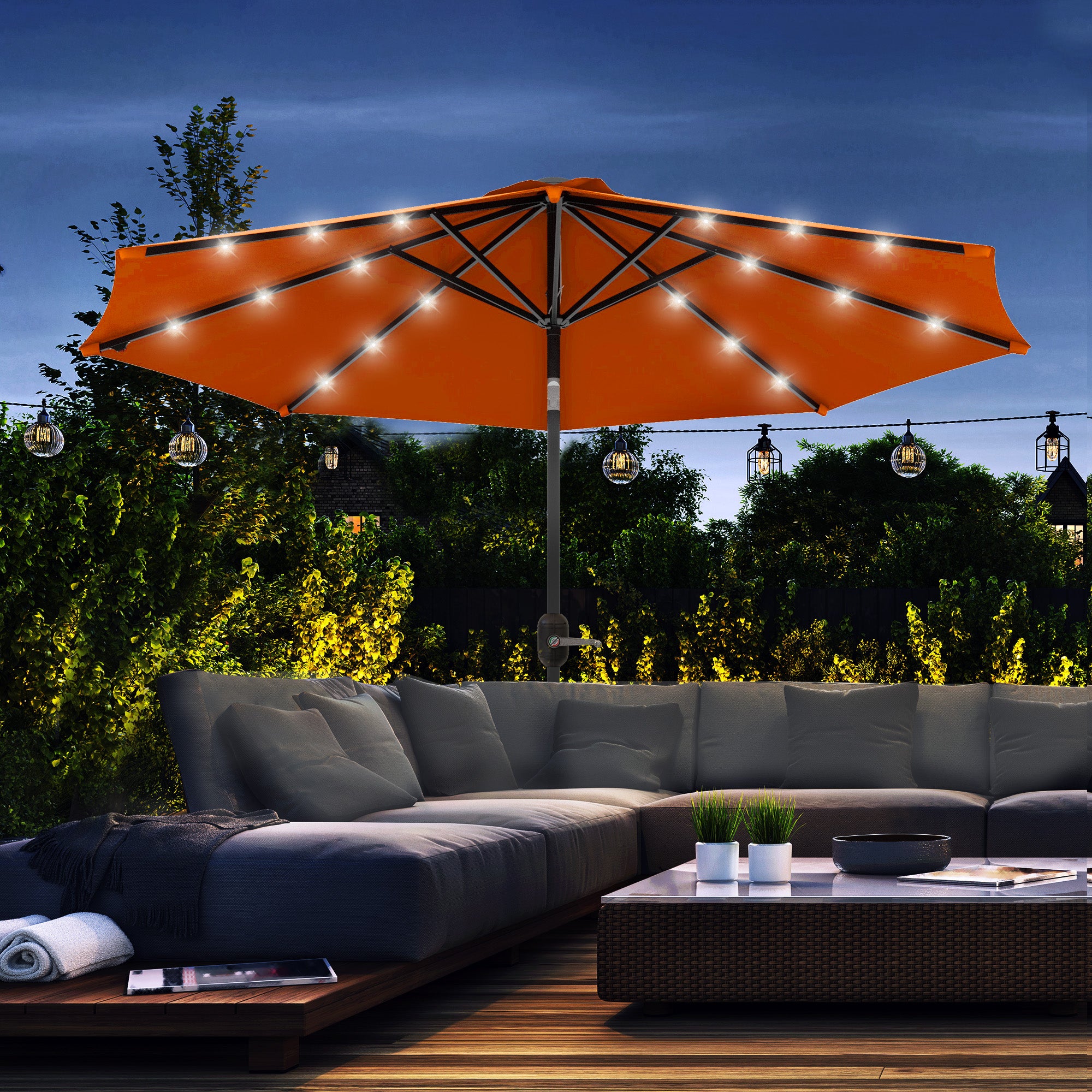 Outsunny 2.7m Outdoor Patio Garden Umbrella Parasol with Tilt Crank and 24 LEDs Lights, Orange - North Peak Garden Furniture