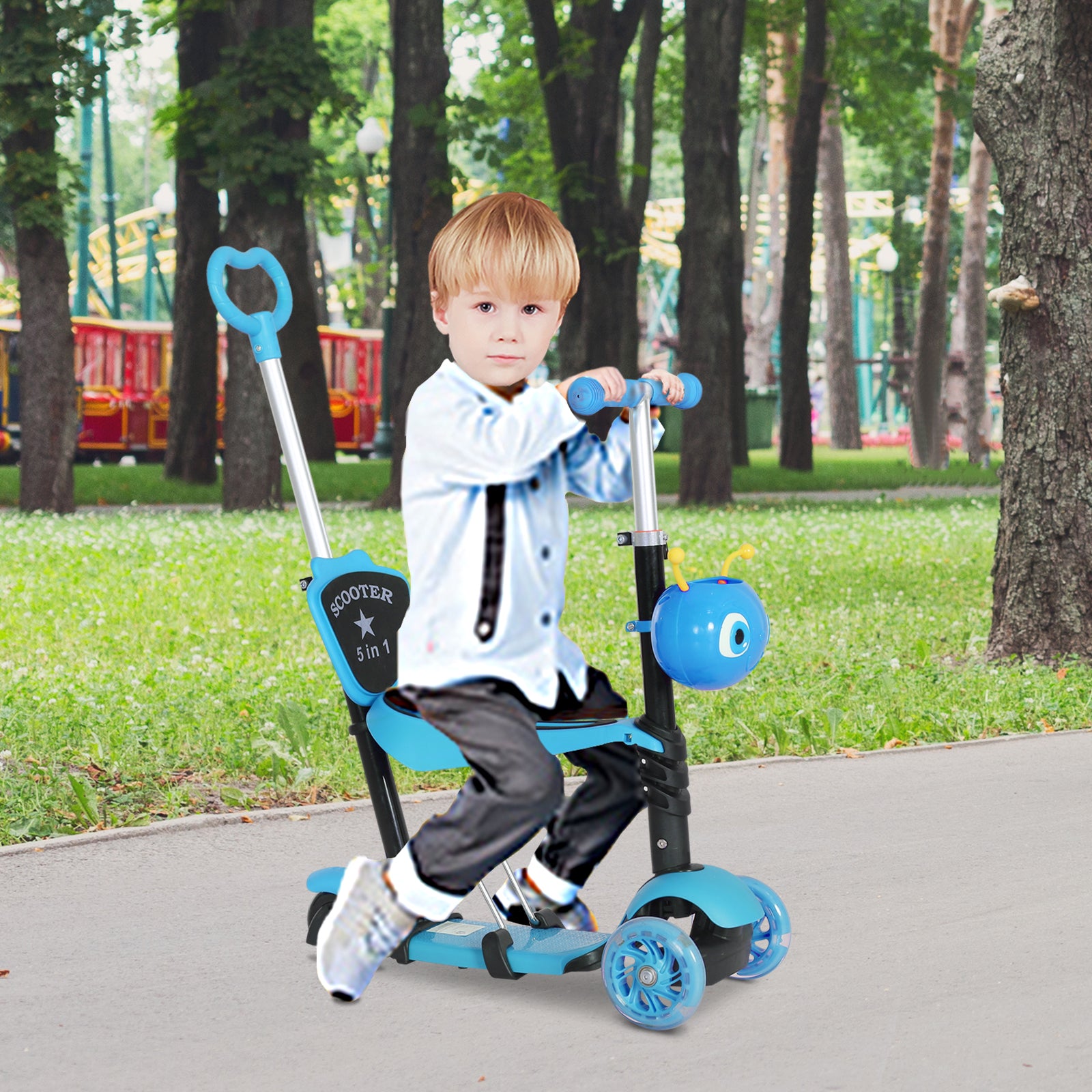 HOMCOM 5-in-1 Kids Toddler 3 Wheels Mini Kick Scooter Push Walker with Removable Seat & Back Rest for Girls and Boys Blue - North Peak Garden Furniture