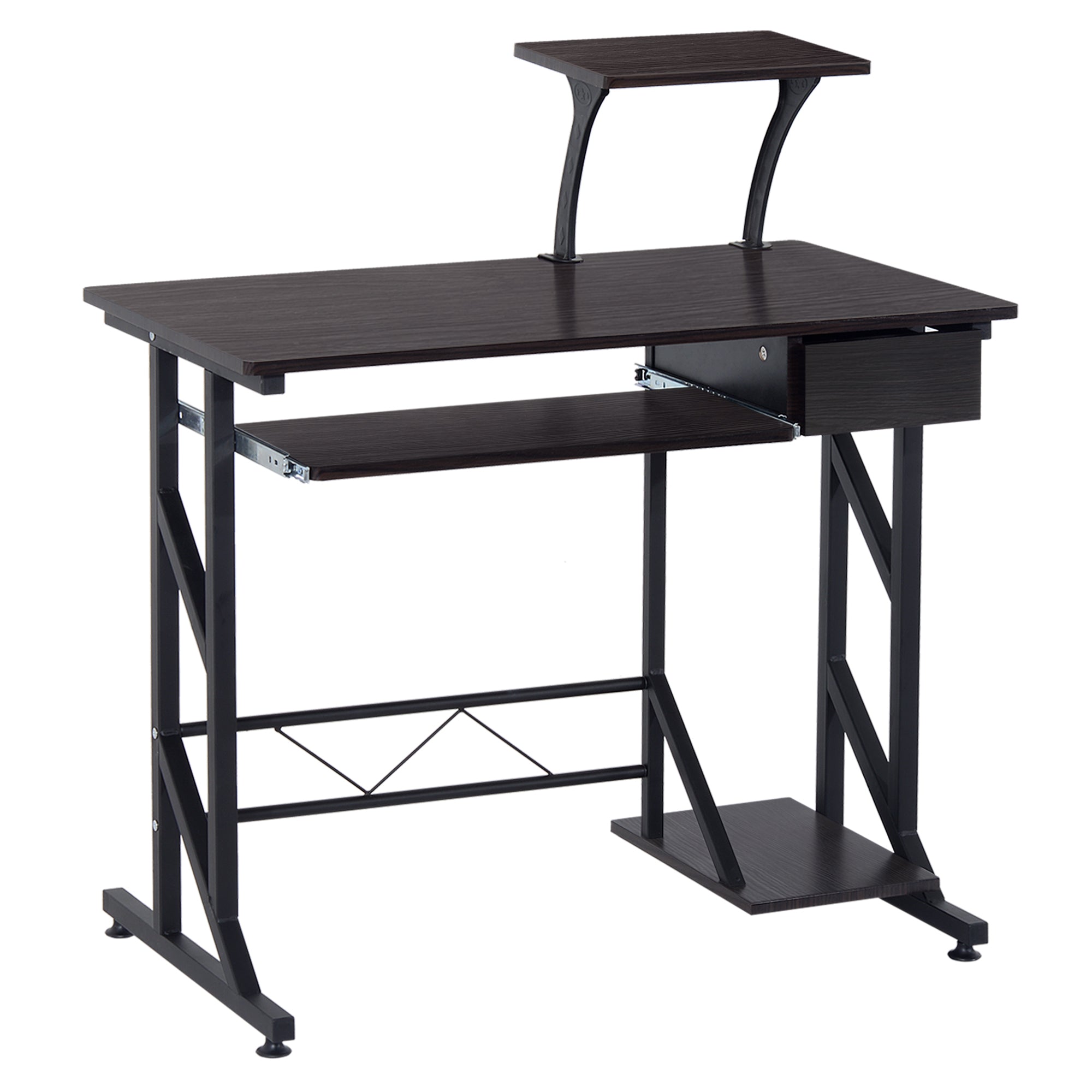 HOMCOM Computer Desk with Display Stand, Sliding Keyboard Tray Drawer and Host Box Shelf Home Office Workstation Dark Brown - North Peak Garden Furniture
