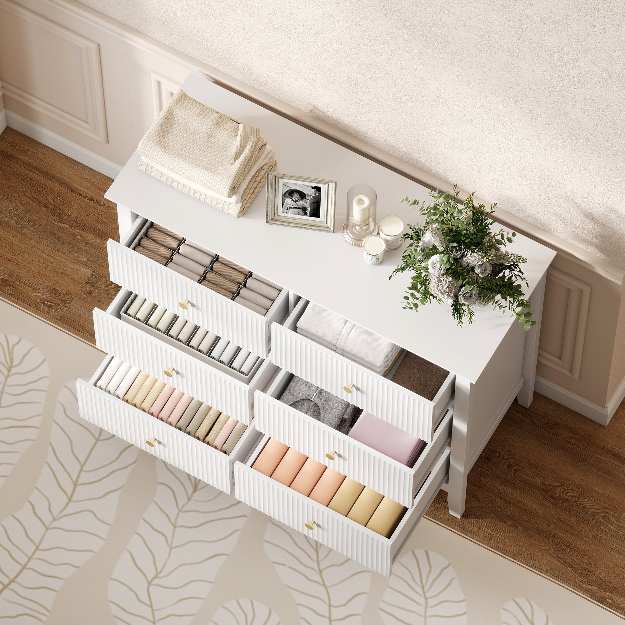 HOMCOM Fluted Dresser, 6 Drawer Chest of Drawers for Bedroom, Living Room, Hallway, Closet, White