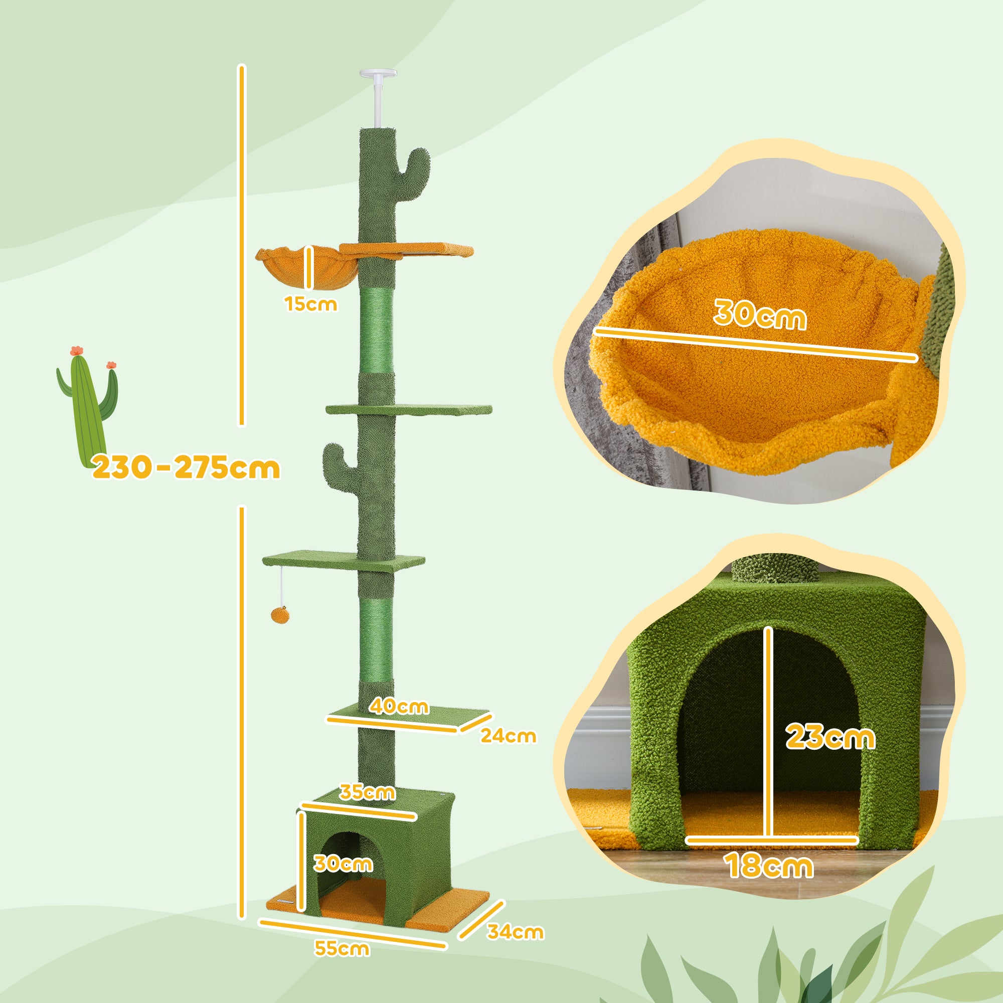 PawHut 230-275cm Floor-to-Ceiling Adjustable Cat Tree with Scratching Posts, Hammock