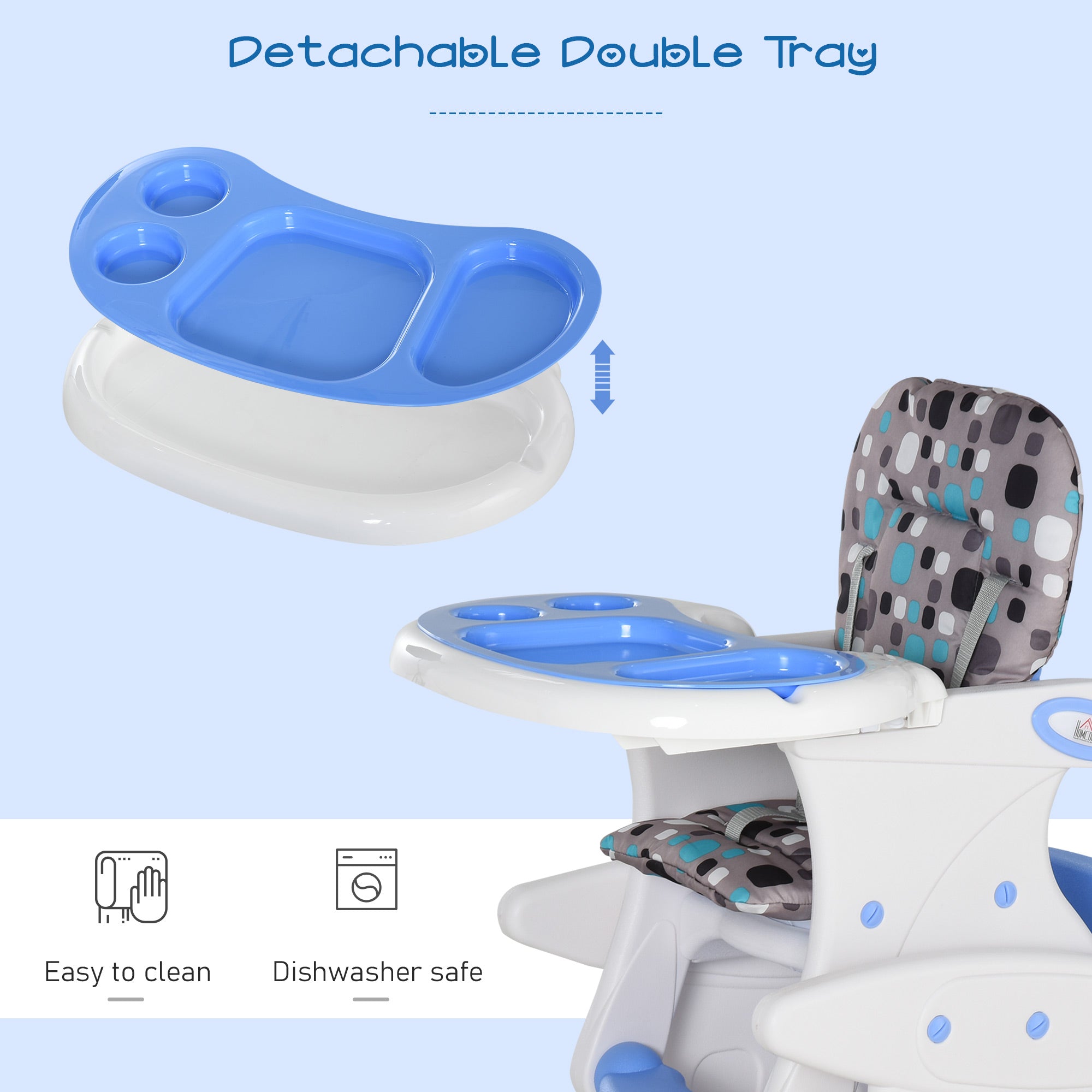 HOMCOM 2 in 1 Convertible Baby High Chair Toddler Table Chair Infant Feeding Seat Removable Food Tray Safety Harness Blue - North Peak Garden Furniture