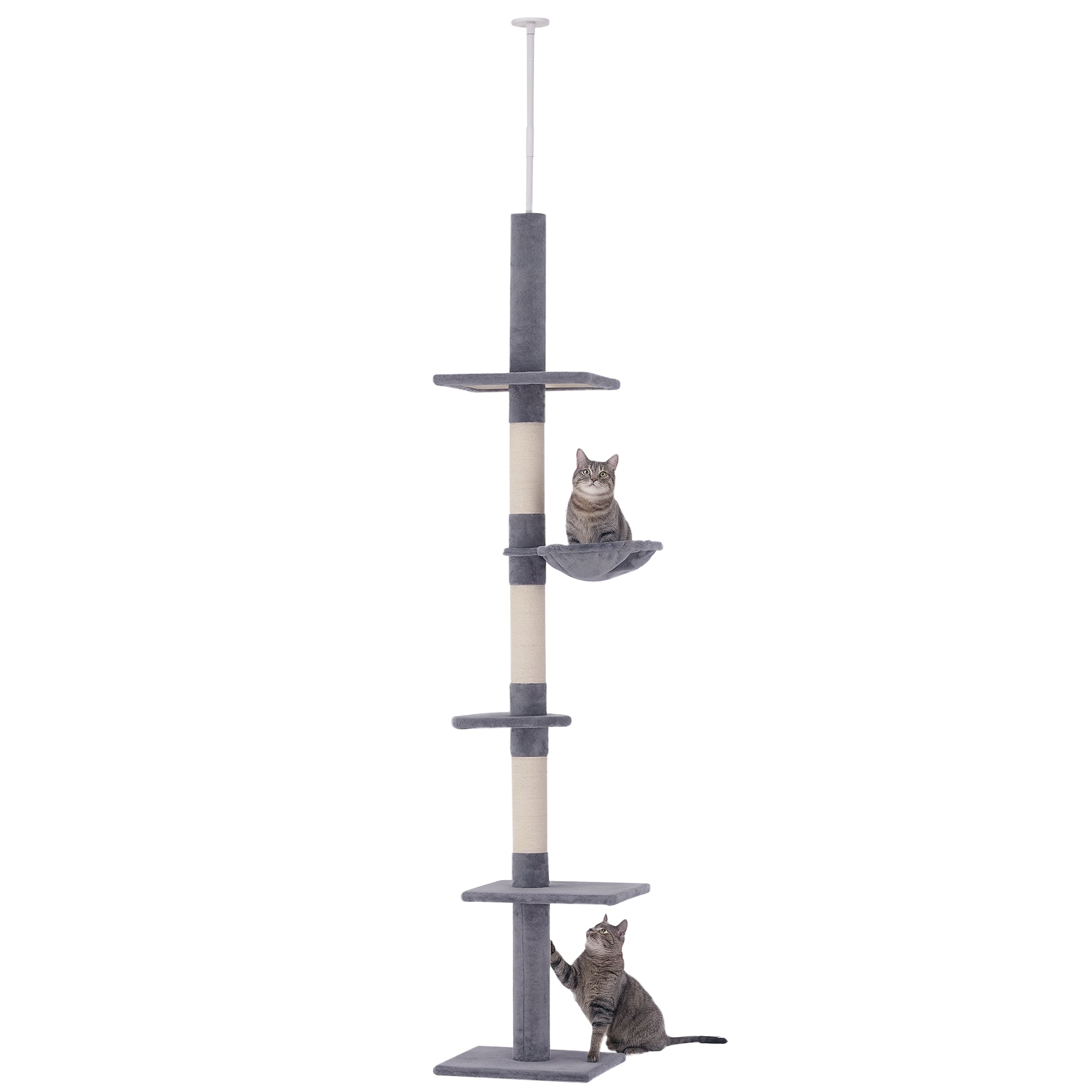 PawHut Floor to Ceiling Cat Tree for Indoor Cats 5-Tier Kitty Tower Climbing Activity Center Scratching Post Adjustable Height 230-260 cm Grey