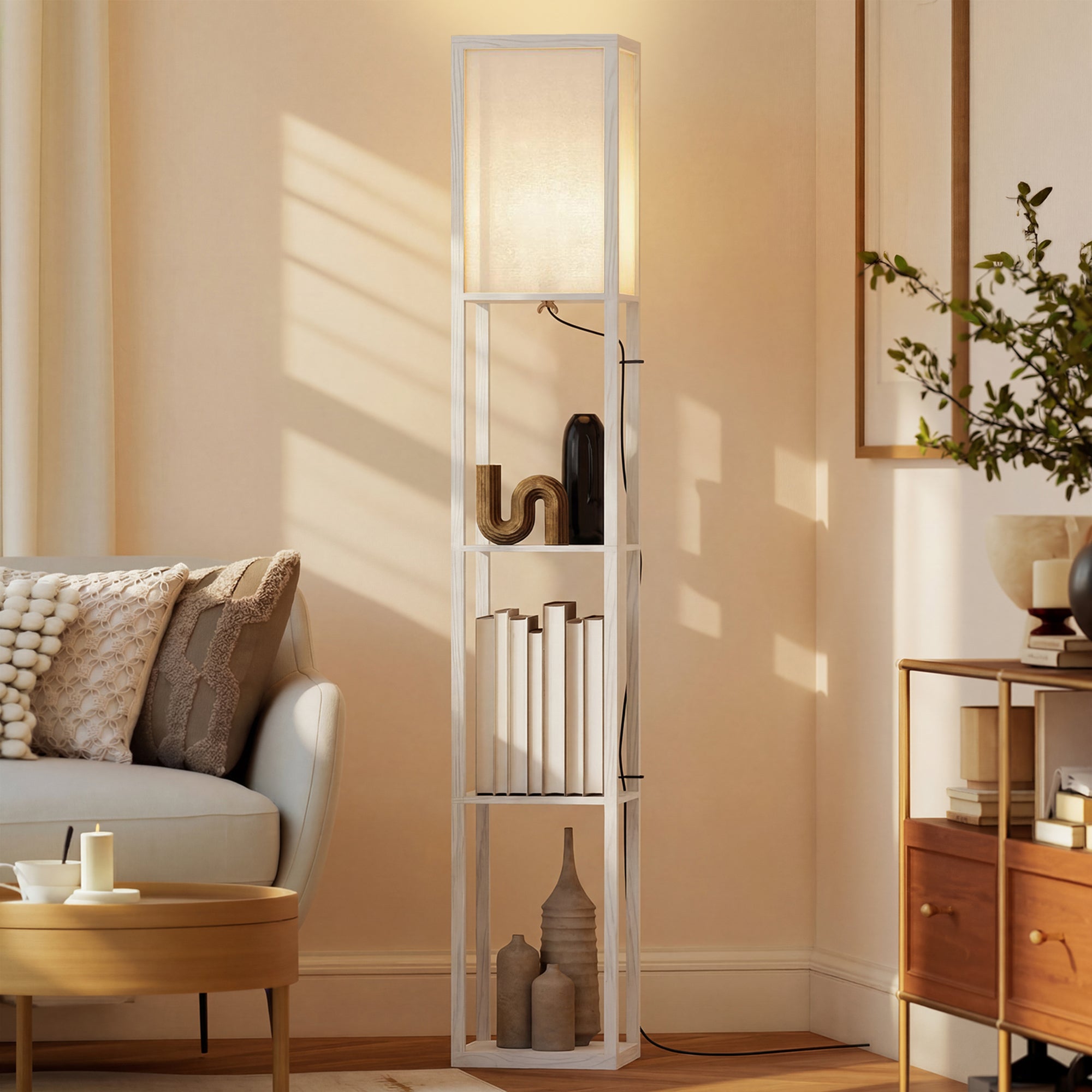 HOMCOM 3-Tier Floor Lamp, Floor Light with Storage Shelf, Reading Standing Lamp for Living Room, Bedroom, Kitchen, Dining Room, Office, Dorm, 160cm, White