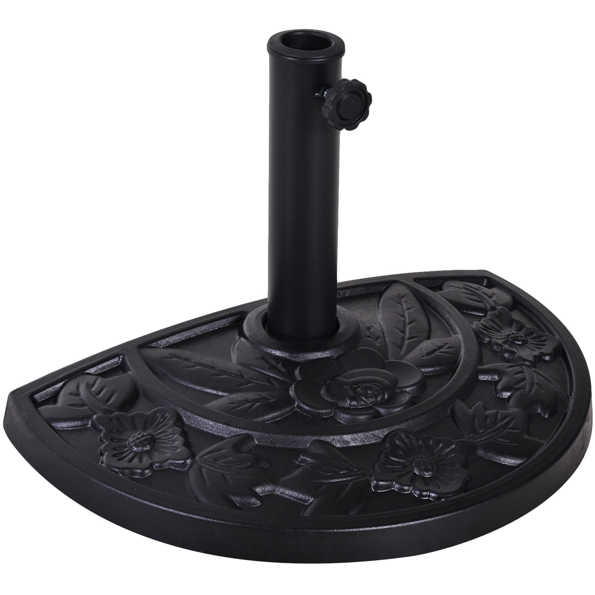 Outsunny 9kg Resin Parasol Base, Half Round Umbrella Stand with Floral Design for Garden, Outdoor, Suitable Umbrella Rod: Φ3.8cm, Φ4.8cm, Black - North Peak Garden Furniture