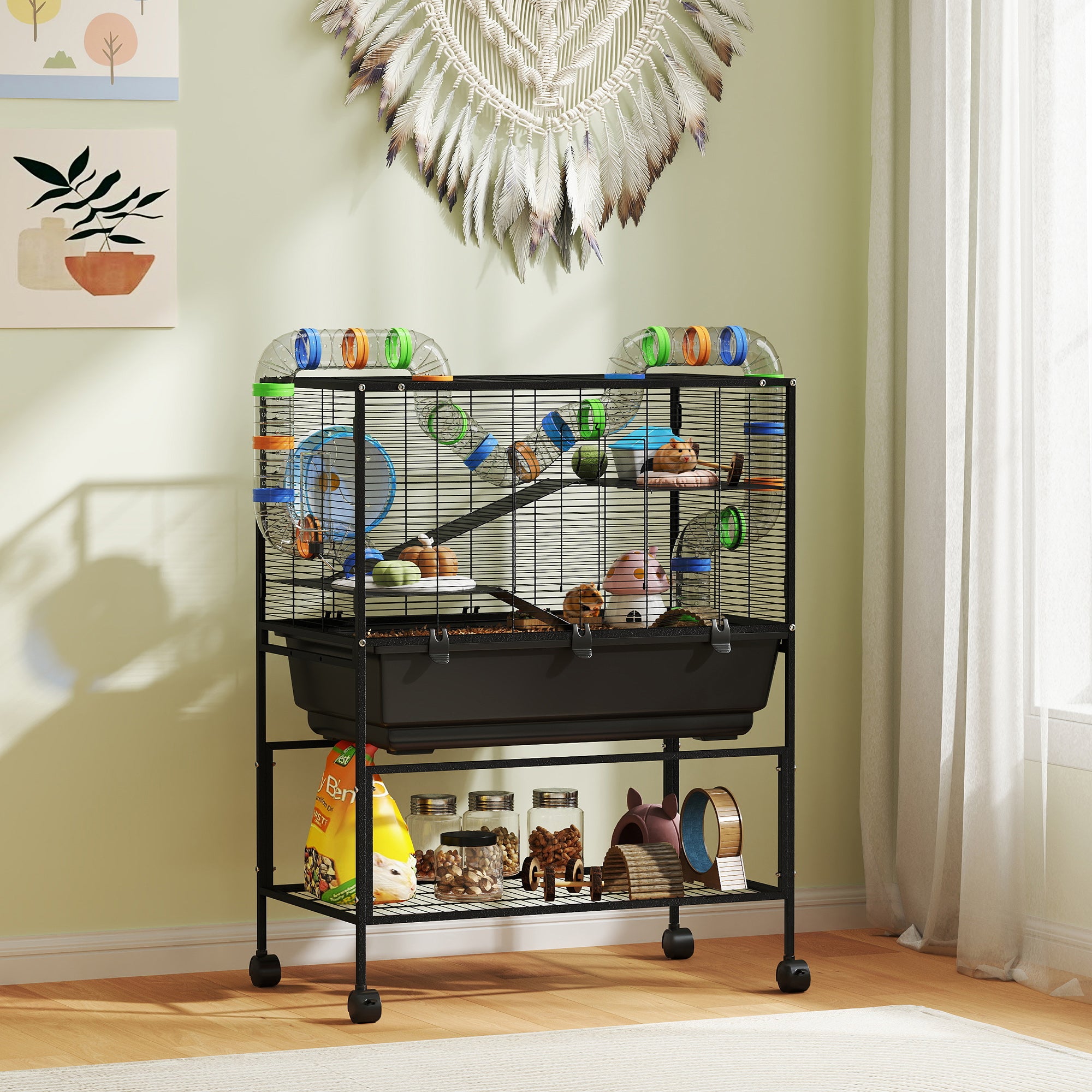 PawHut 3 Tier Large Hamster Cage on Wheels with 17 cm Deep Tray, Storage Shelf for Syrian, Gerbil, Rats - North Peak Garden Furniture