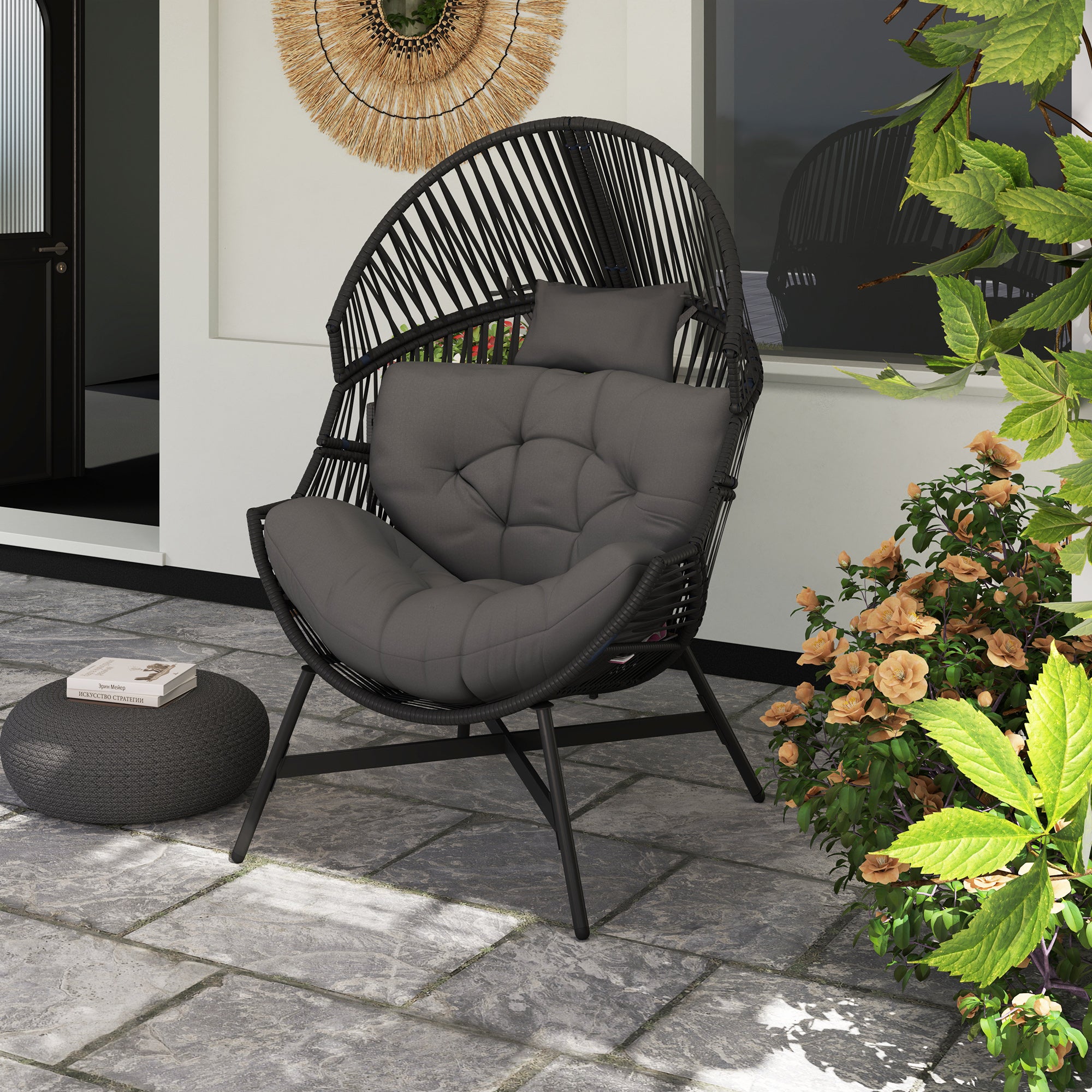 Outsunny Standing Rattan Egg Chair Outdoor, Oversized Wicker Garden Egg Chair with Thick Tufted Cushion, Headrest, Steel Frame, Charcoal Grey - North Peak Garden Furniture