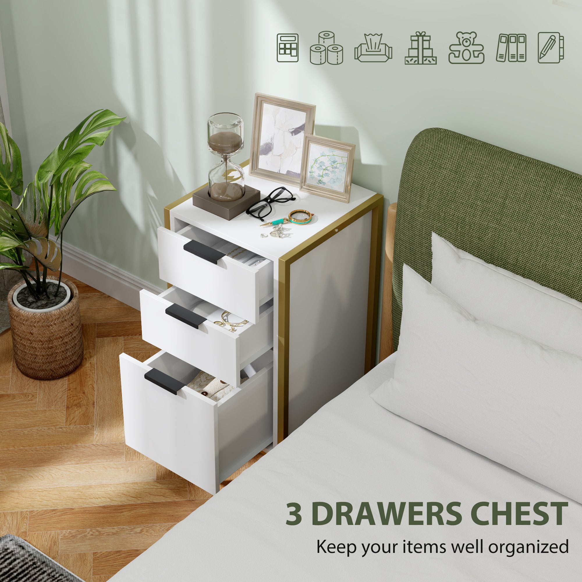 HOMCOM Bedroom Chest of Drawers, Industrial 3-Drawer Dresser, Storage Drawers Unit with Metal Frame for Living Room, White - North Peak Garden Furniture