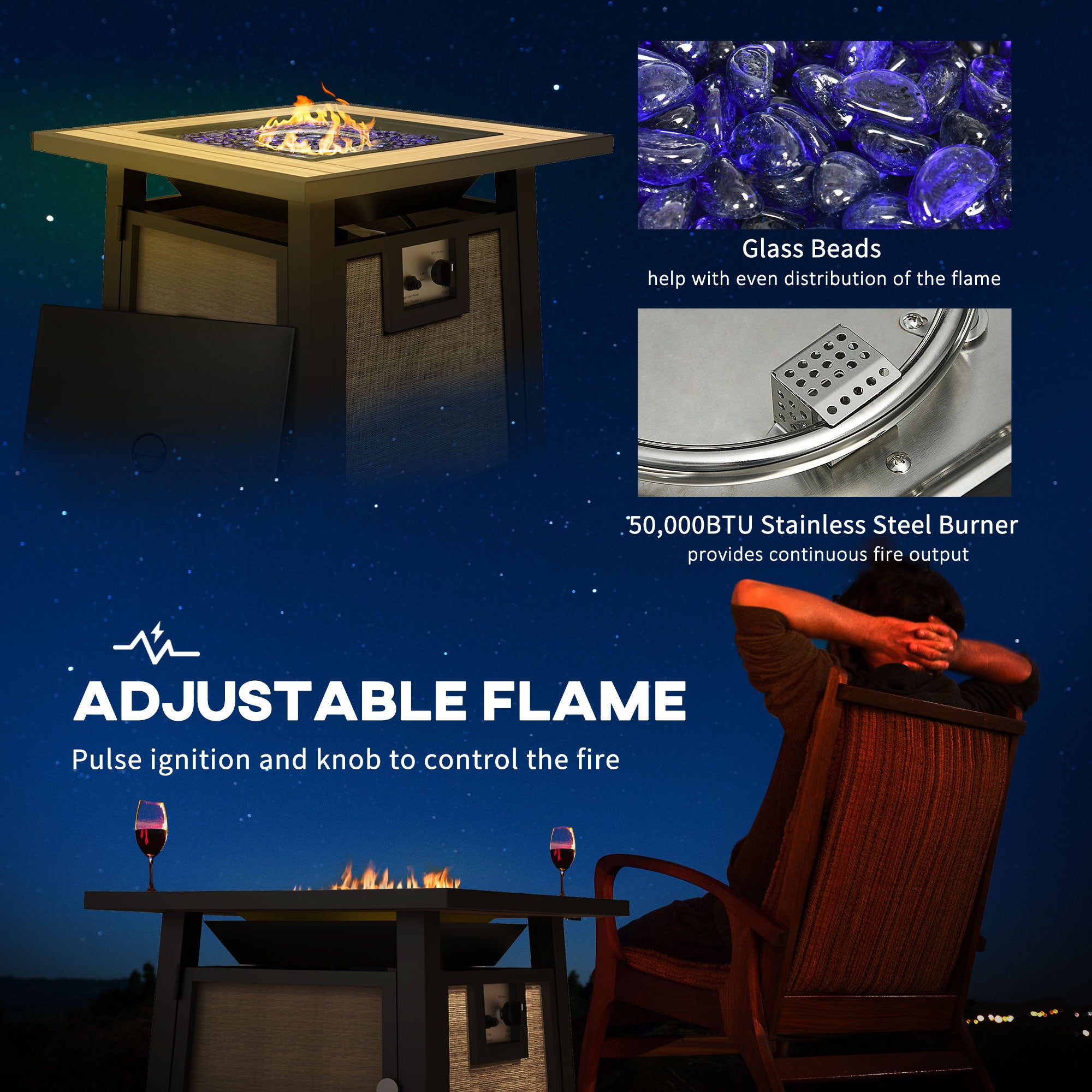 Outsunny 50,000 BTU Gas Fire Pit Table with Cover and Glass Beads, Brown - North Peak Garden Furniture