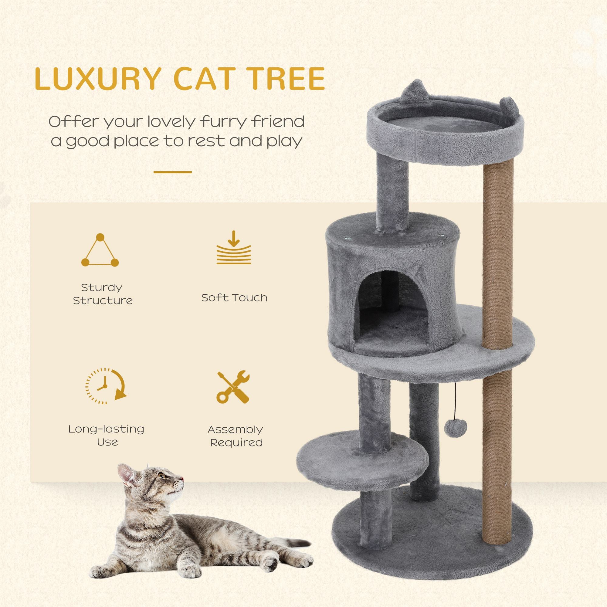 PawHut Deluxe Cat Tree with 3-Tier, Scratching Posts, Play Ball, and Plush Toy for Climbing and Relaxing, Grey