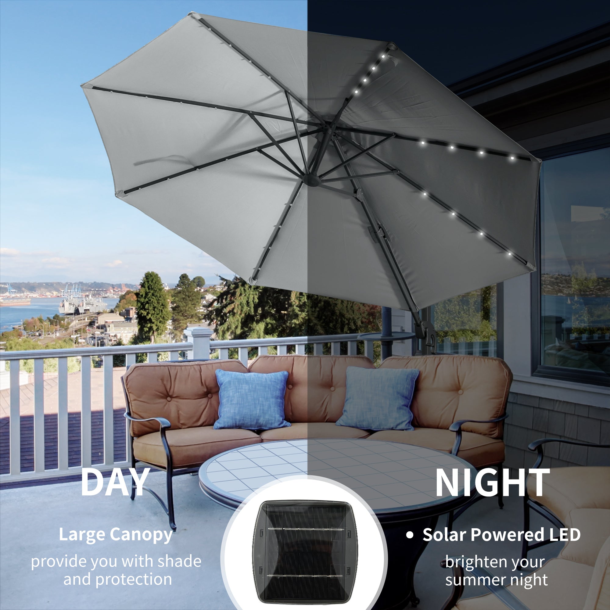 Outsunny 3(m) LED Cantilever Parasol Garden Sun Umbrella w/ Cross Base and Solar Lights Grey - North Peak Garden Furniture