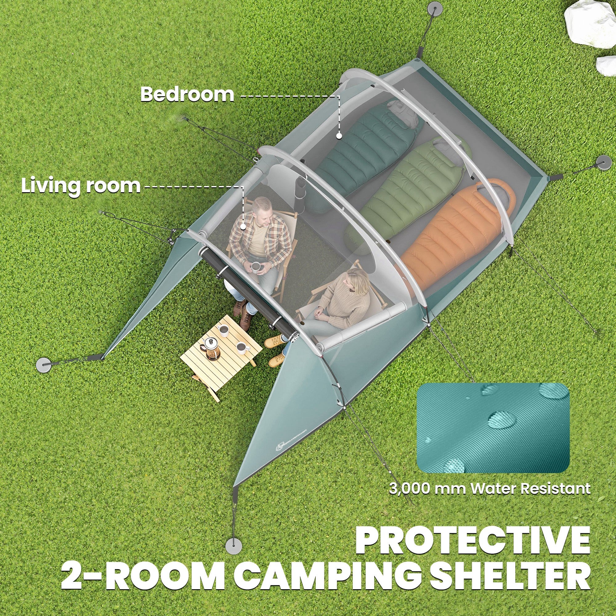 Outsunny Three-Man, 3000mm Water-Resistant Two-Room Tunnel Tent - Green