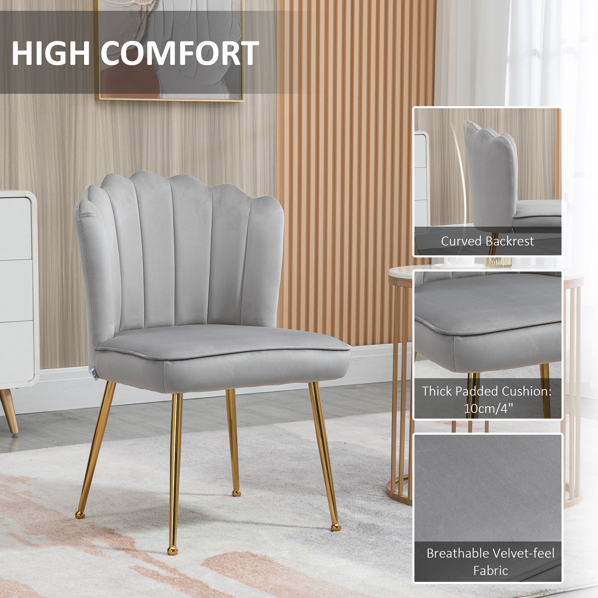 HOMCOM Velvet-Feel Shell Accent Chair - Grey - North Peak Garden Furniture