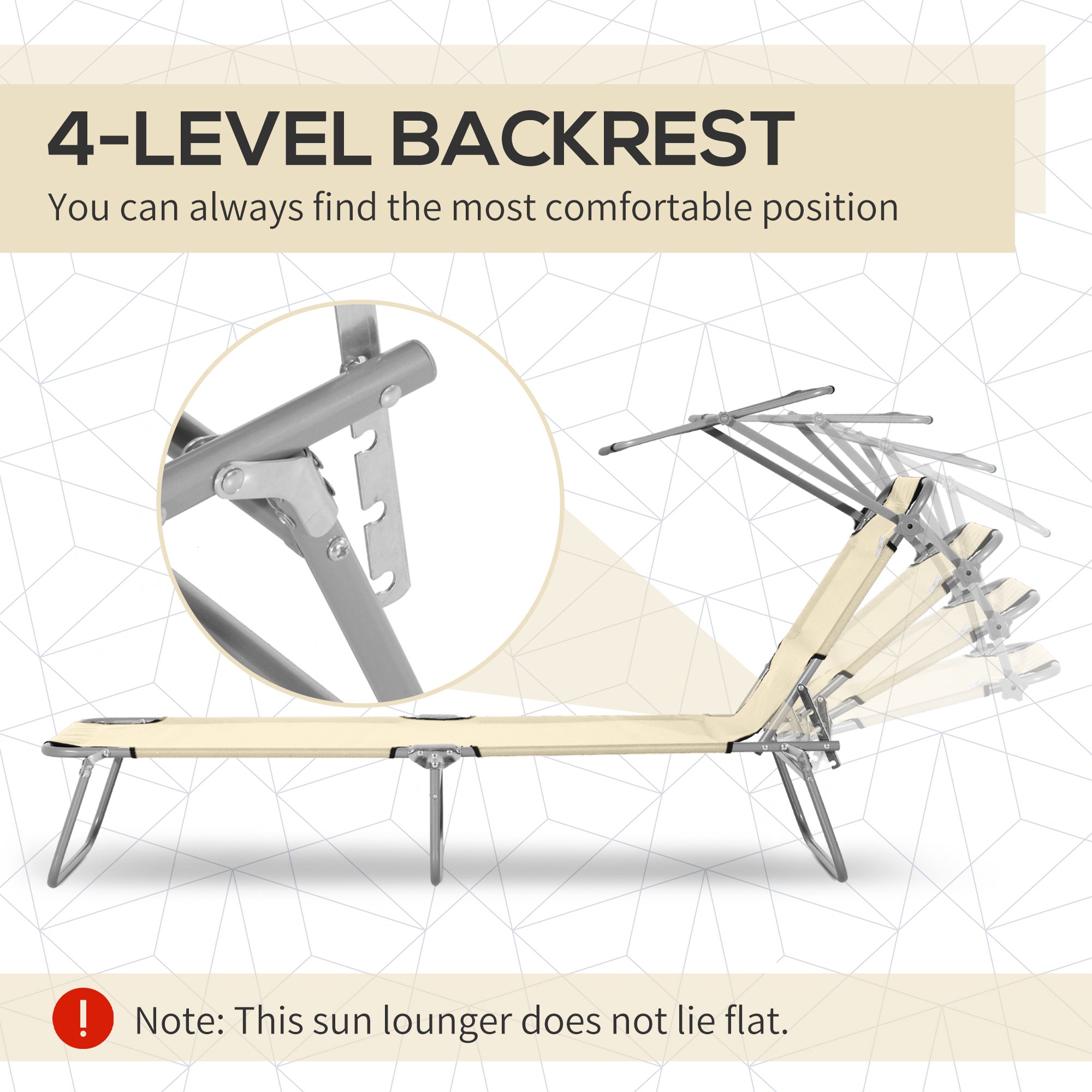 Outsunny Outdoor Foldable Sun Lounger, 4 Level Adjustable Backrest Reclining Sun Lounger Chair with Angle Adjust Sun Shade Awning for Beach, Garden, Patio, Beige - North Peak Garden Furniture