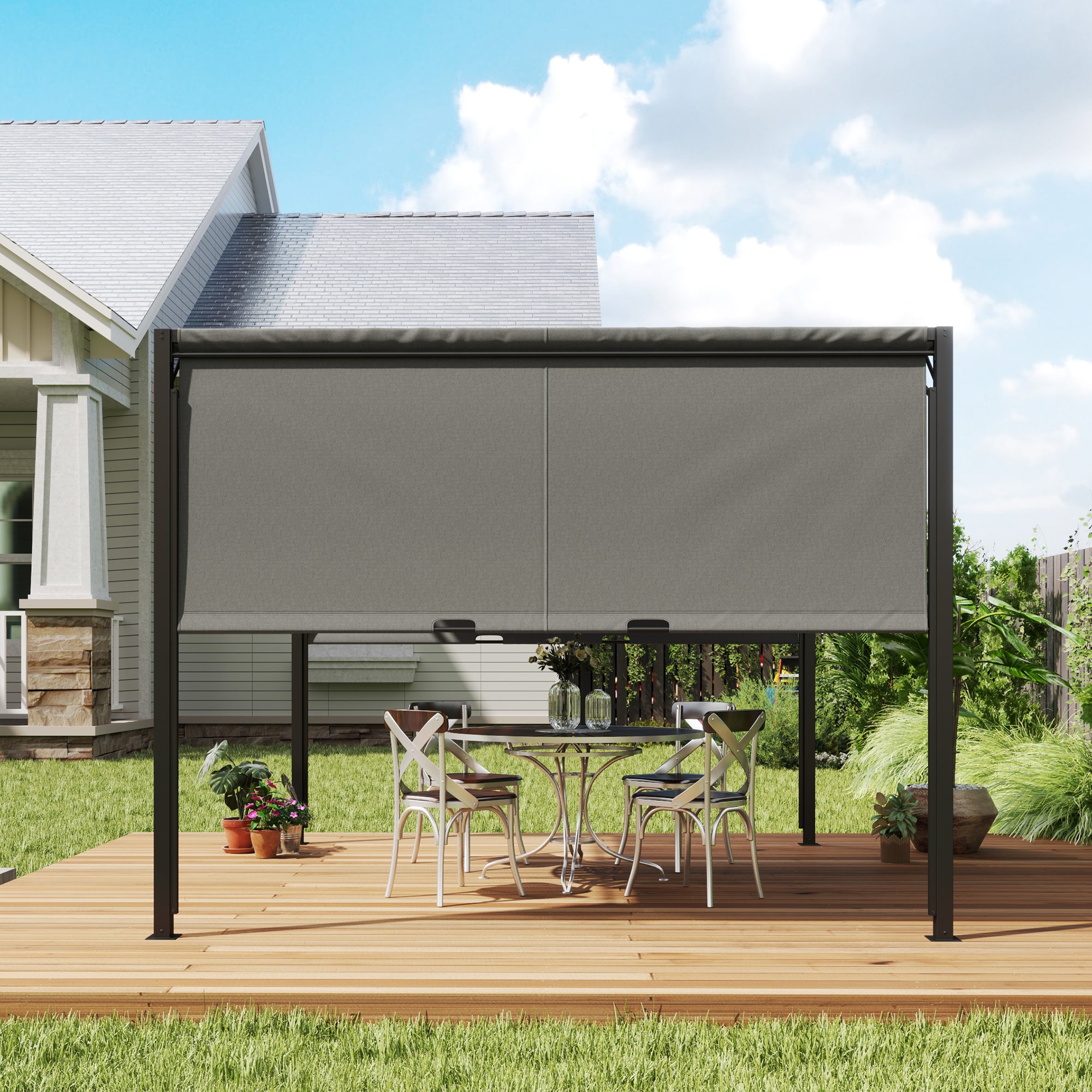 Outsunny 3 X 3 Meters Pergola with Retractable Roof, Garden Gazebo with Adjustable Sun Shade Canopy and Steel Frame, Charcoal Grey - North Peak Garden Furniture