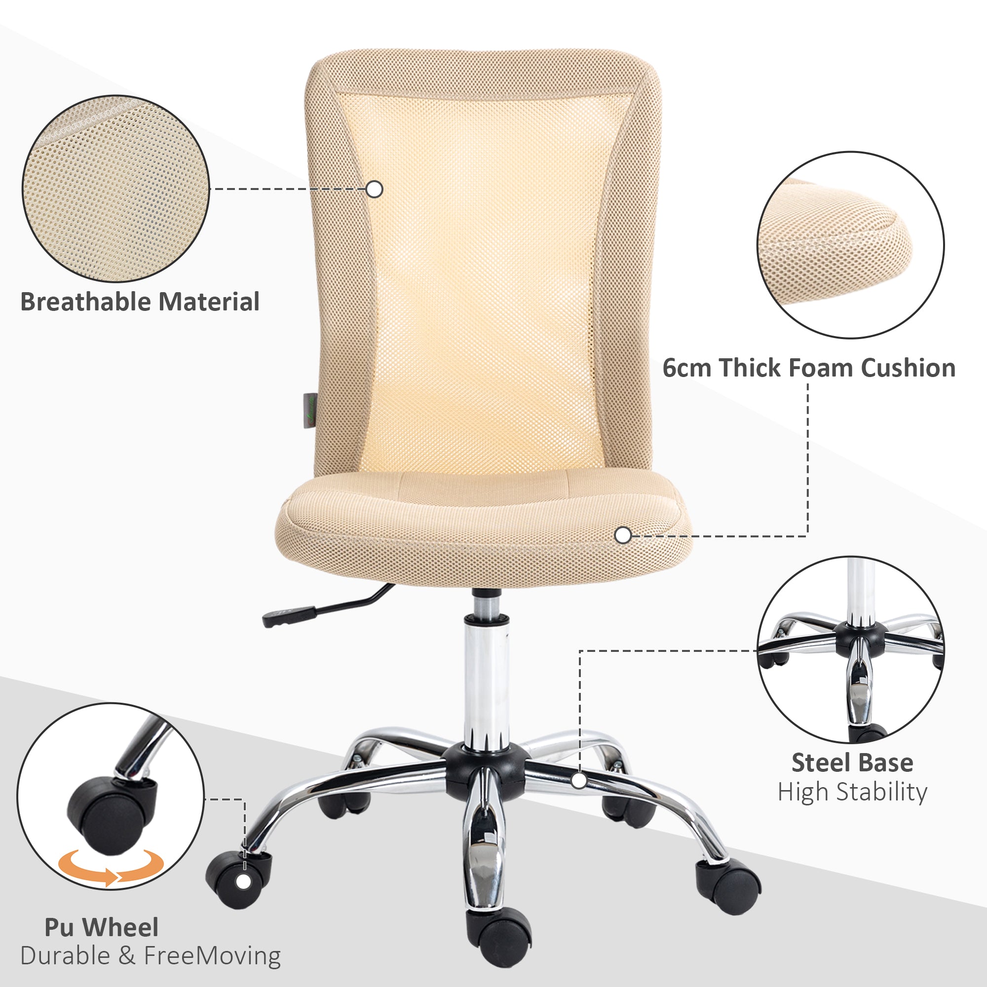 Vinsetto Computer Desk Chair, Mesh Office Chair with Adjustable Height and Swivel Wheels, Armless Study Chair, Beige - North Peak Garden Furniture