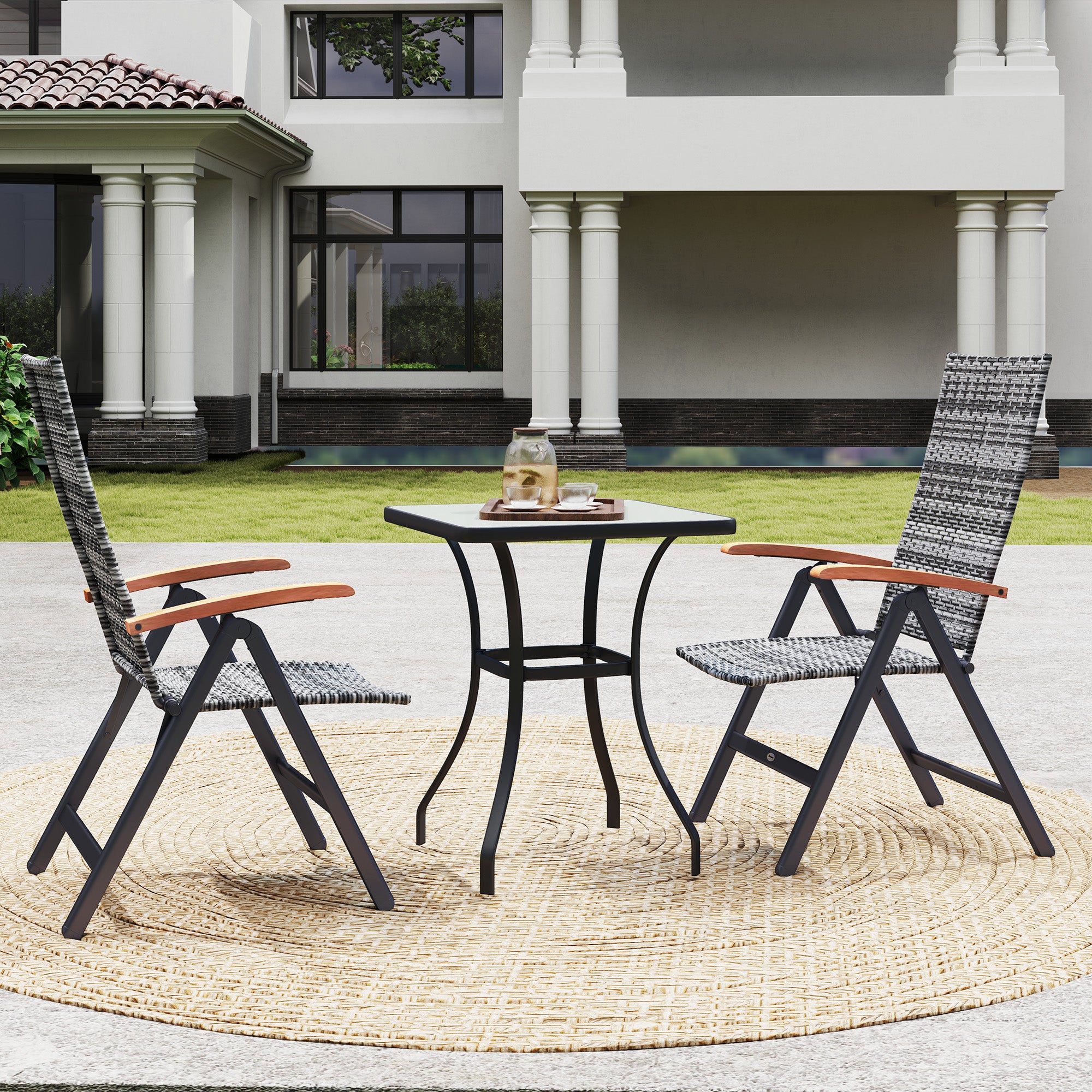 Outsunny 2 Pieces Outdoor Foldable Dining Chair with Armrests, High Backrest, for Garden, Camping, Balcony, Light Grey - North Peak Garden Furniture